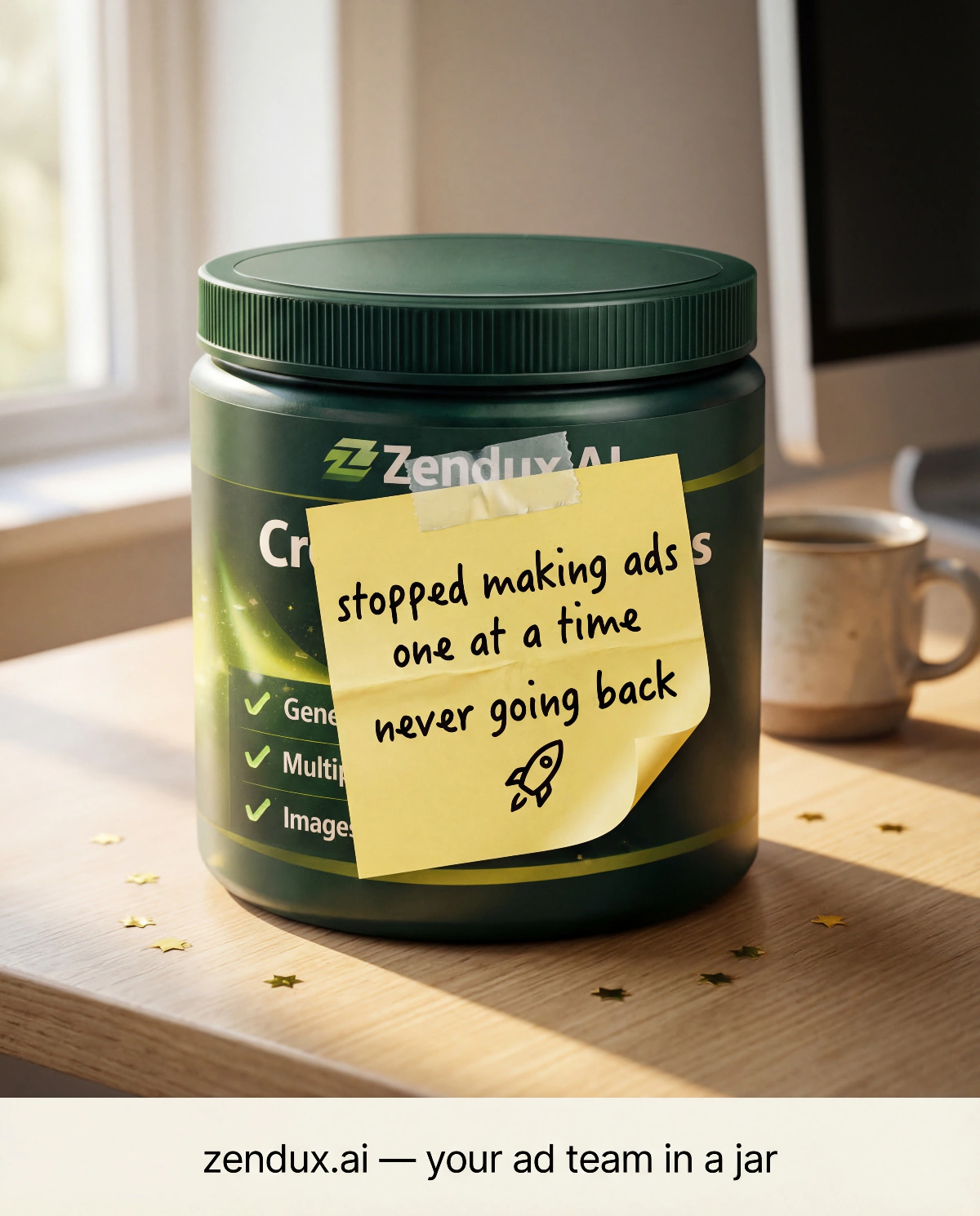 Product static ad with a handwritten sticky note reading &lsquo;stopped making ads one at a time, never going back&rsquo;