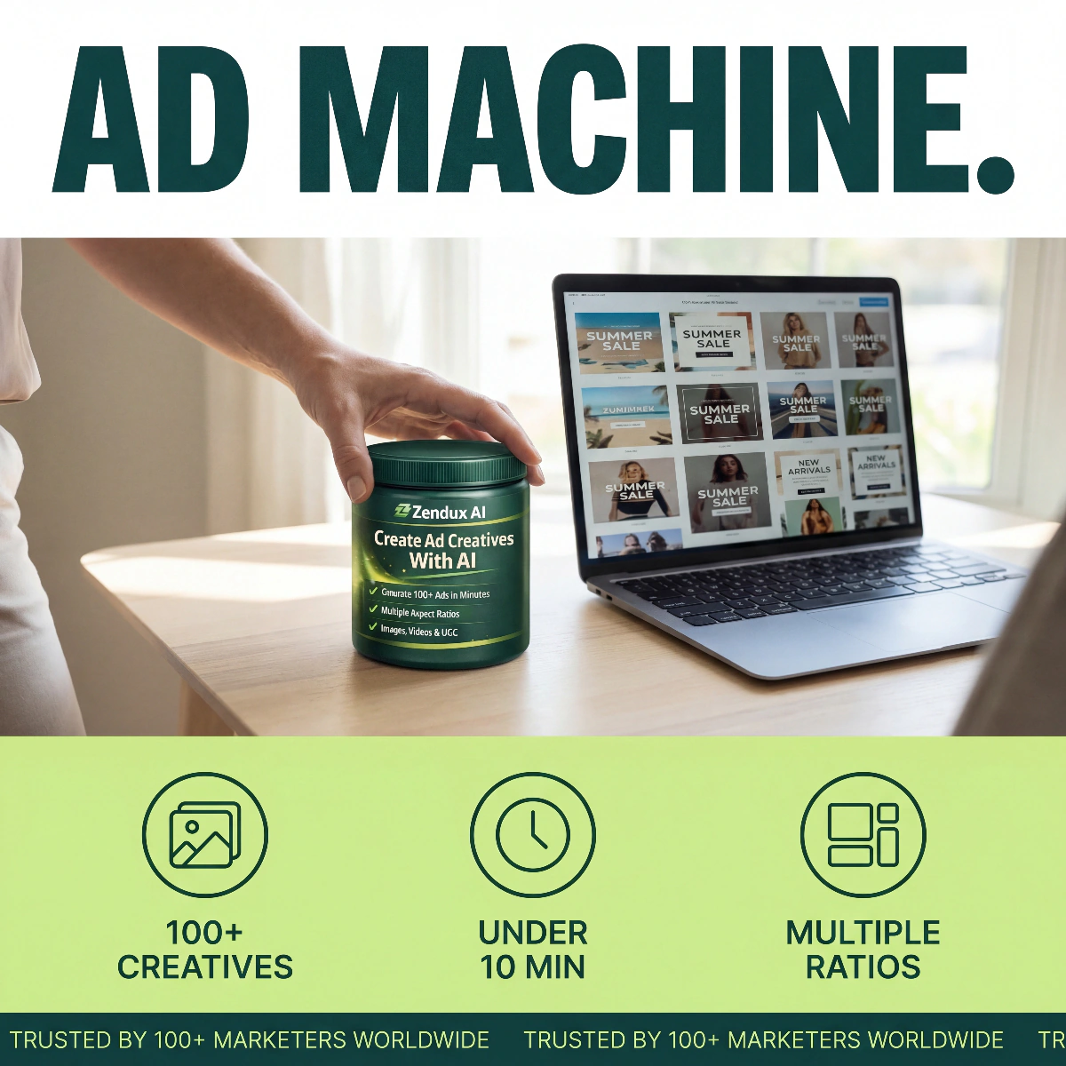 &lsquo;Ad Machine&rsquo; static ad showing Zendux generating creatives on a laptop