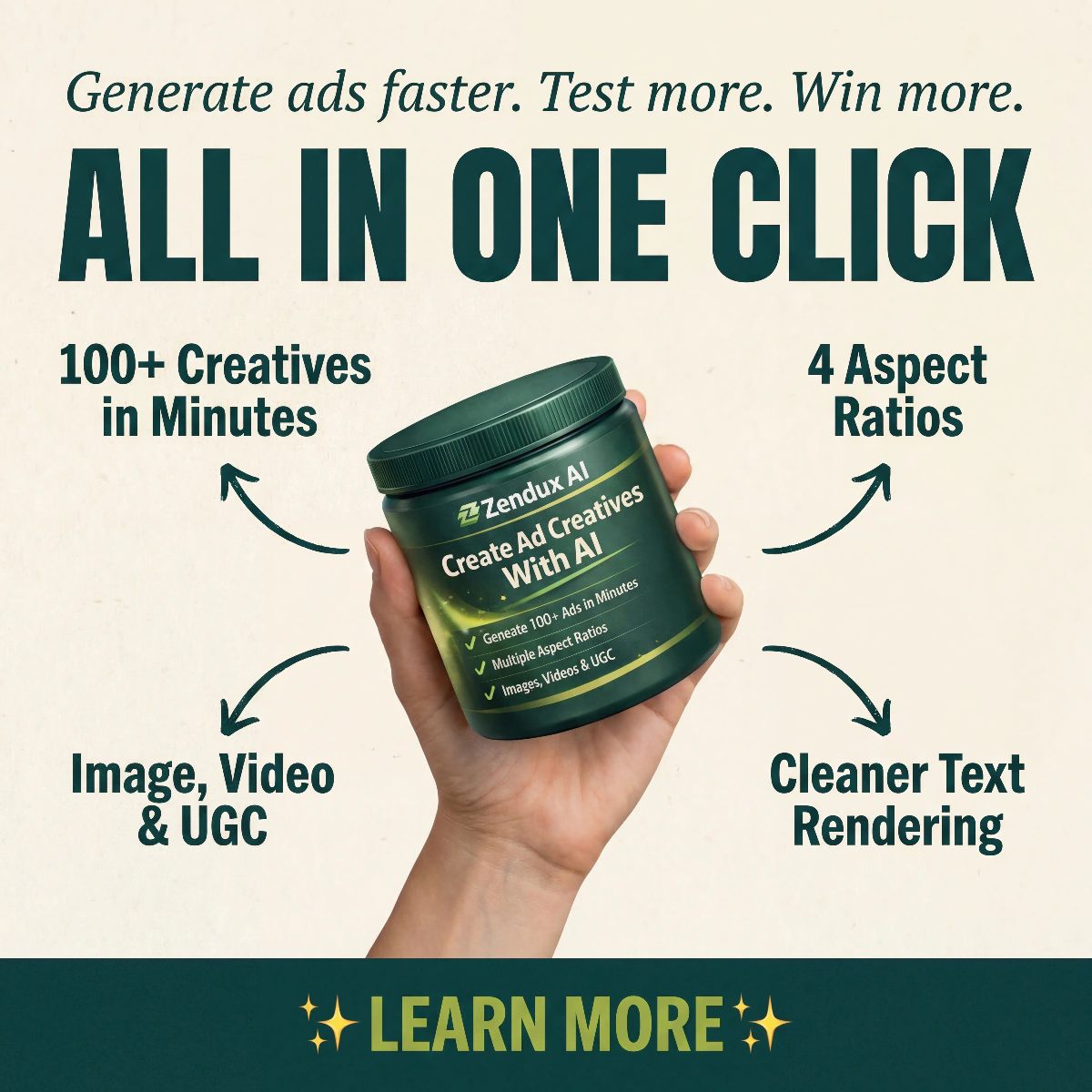 &lsquo;All in one click&rsquo; static ad listing 100+ creatives, 4 aspect ratios and cleaner text rendering