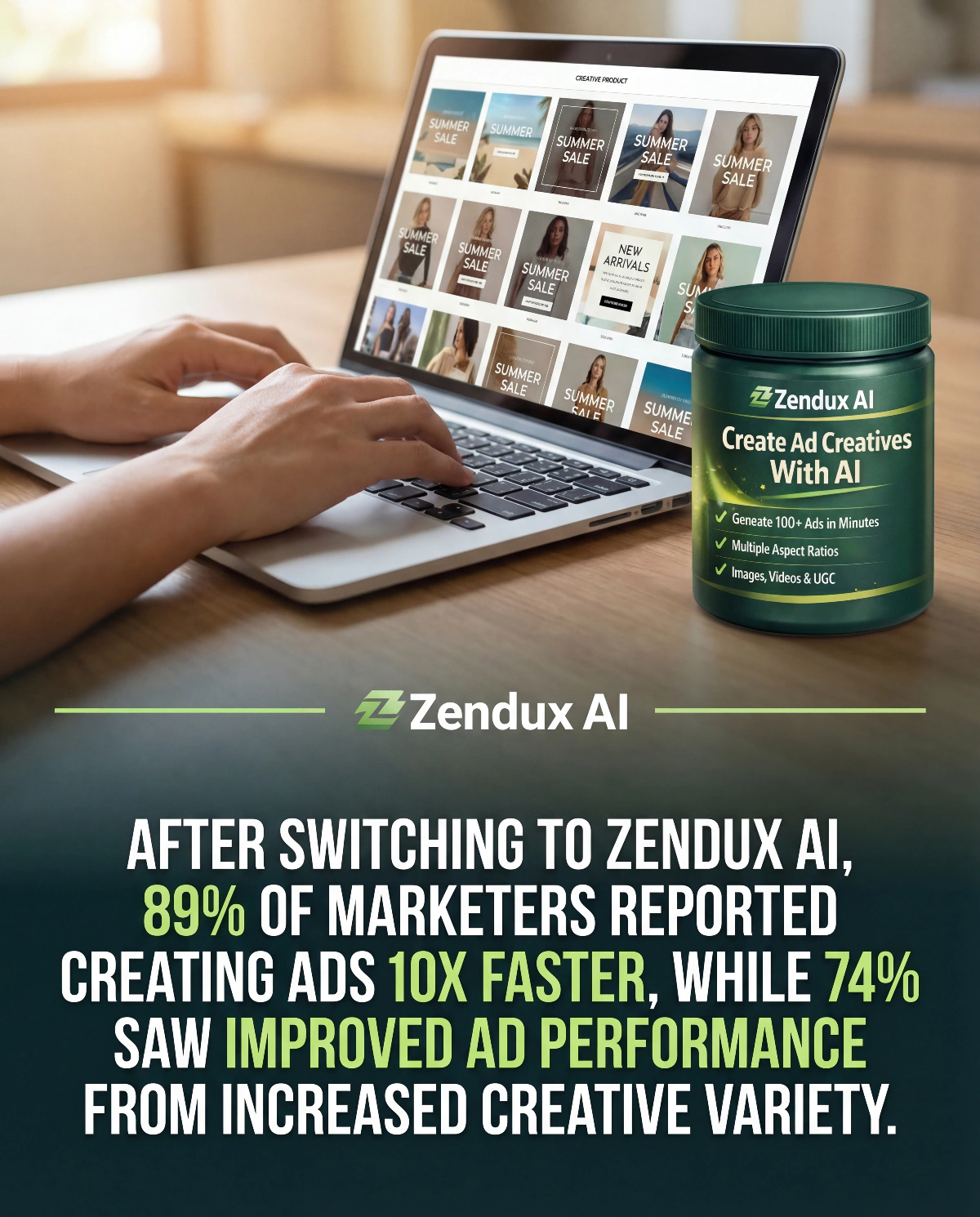 Stat-driven static ad: 89% of marketers create ads 10x faster after switching to Zendux