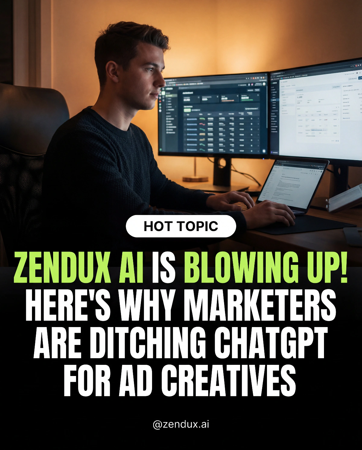 Trend-style static ad: marketers are switching from ChatGPT to Zendux for ad creatives
