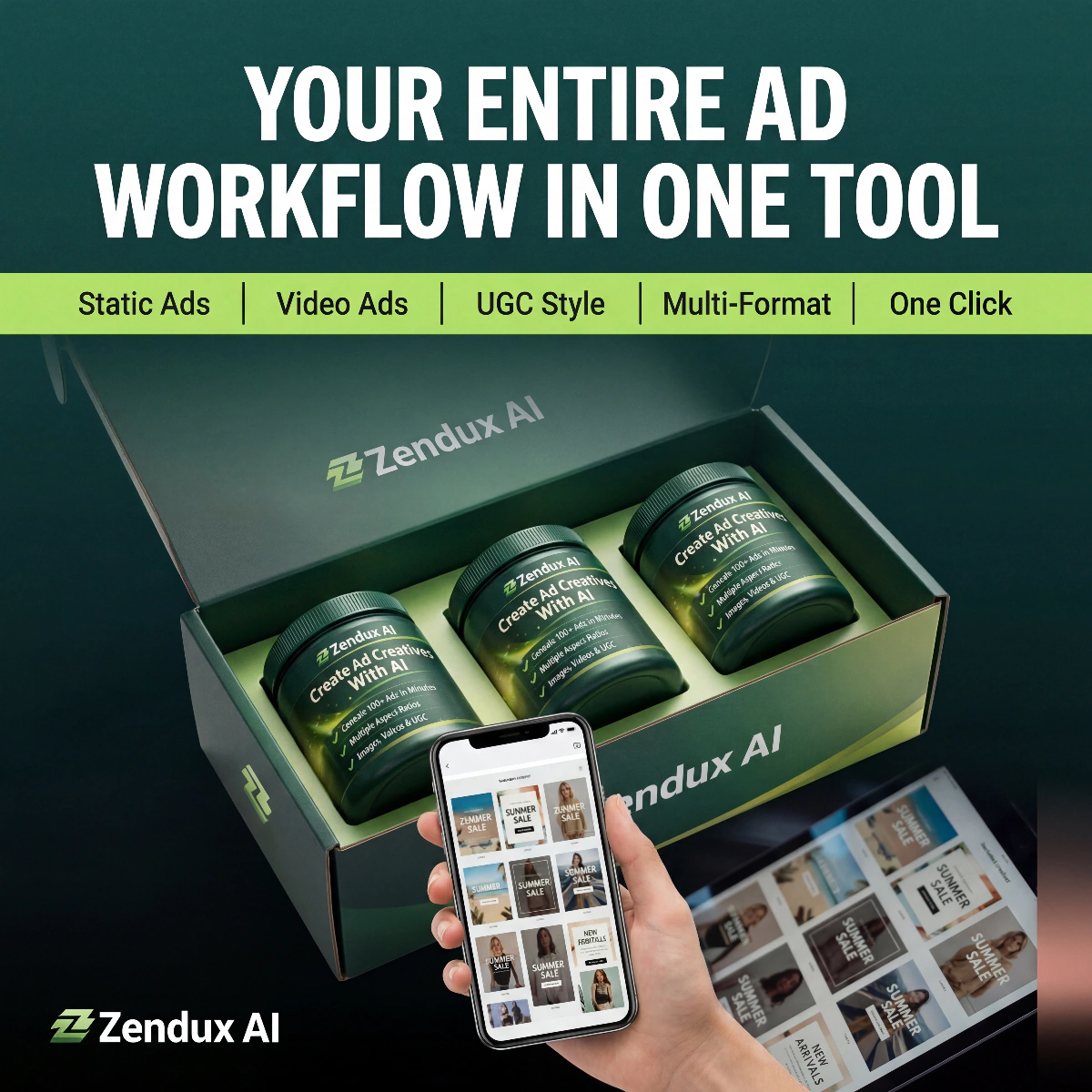 &lsquo;Your entire ad workflow in one tool&rsquo; static ad covering static, video and UGC formats