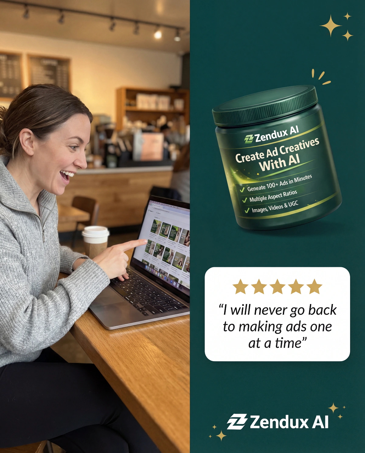 Five-star testimonial static ad: a marketer reviewing Zendux on her laptop beside the product