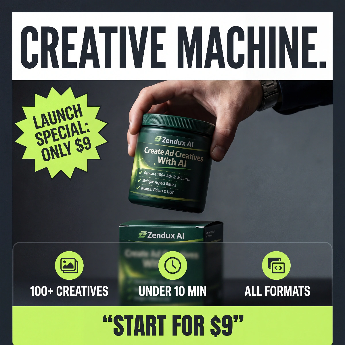 Bold &lsquo;Creative Machine&rsquo; static ad highlighting 100+ creatives in under 10 minutes