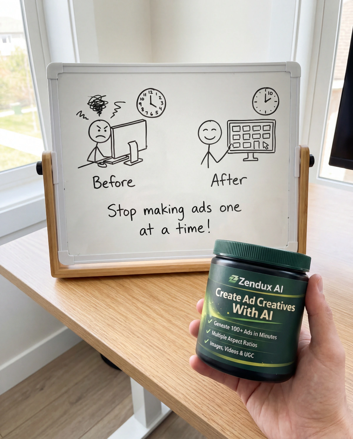Before-and-after whiteboard static ad: stop making ads one at a time