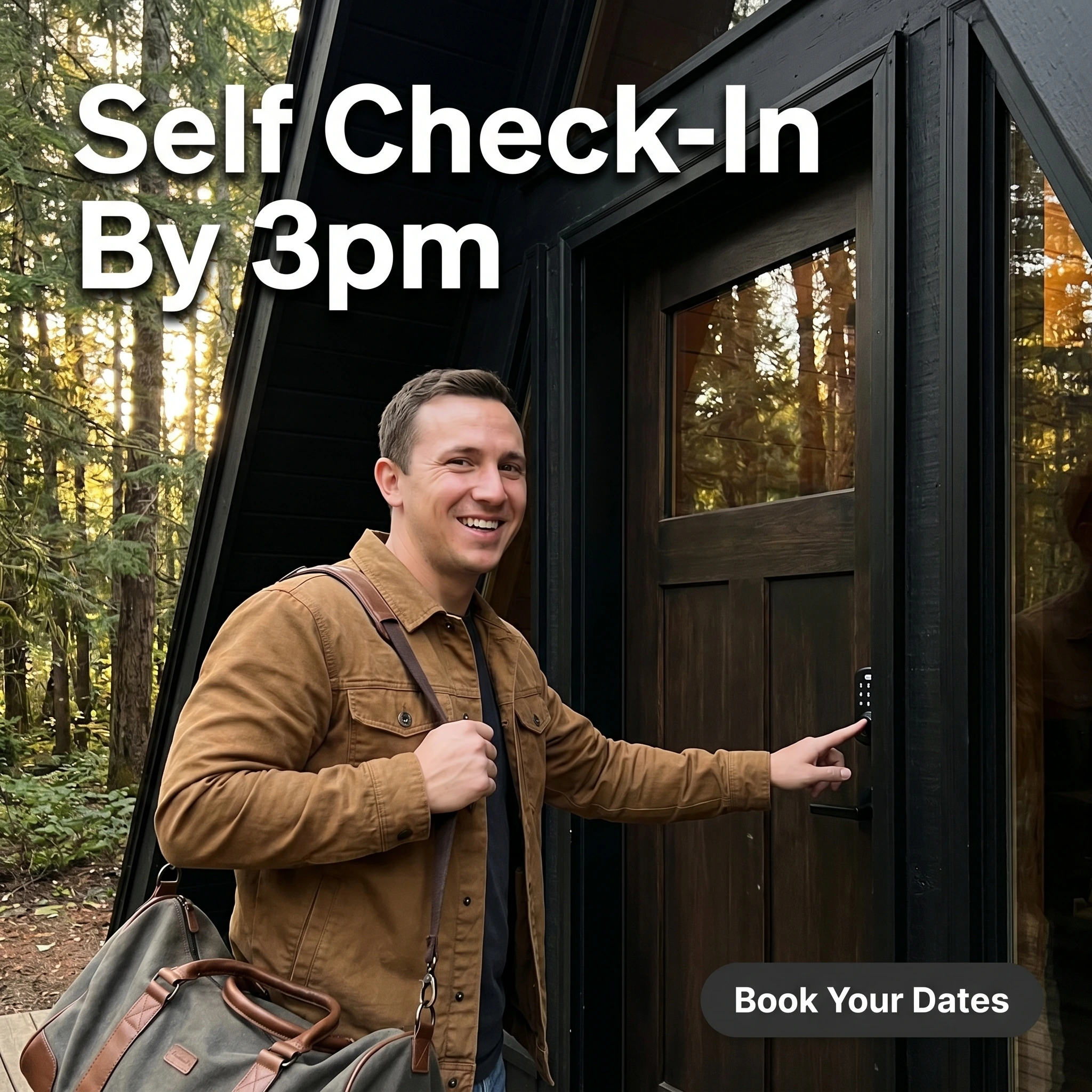 UGC-style Airbnb ad example: guest using a keypad smart lock at an A-frame cabin with headline 'Self Check-In By 3pm'