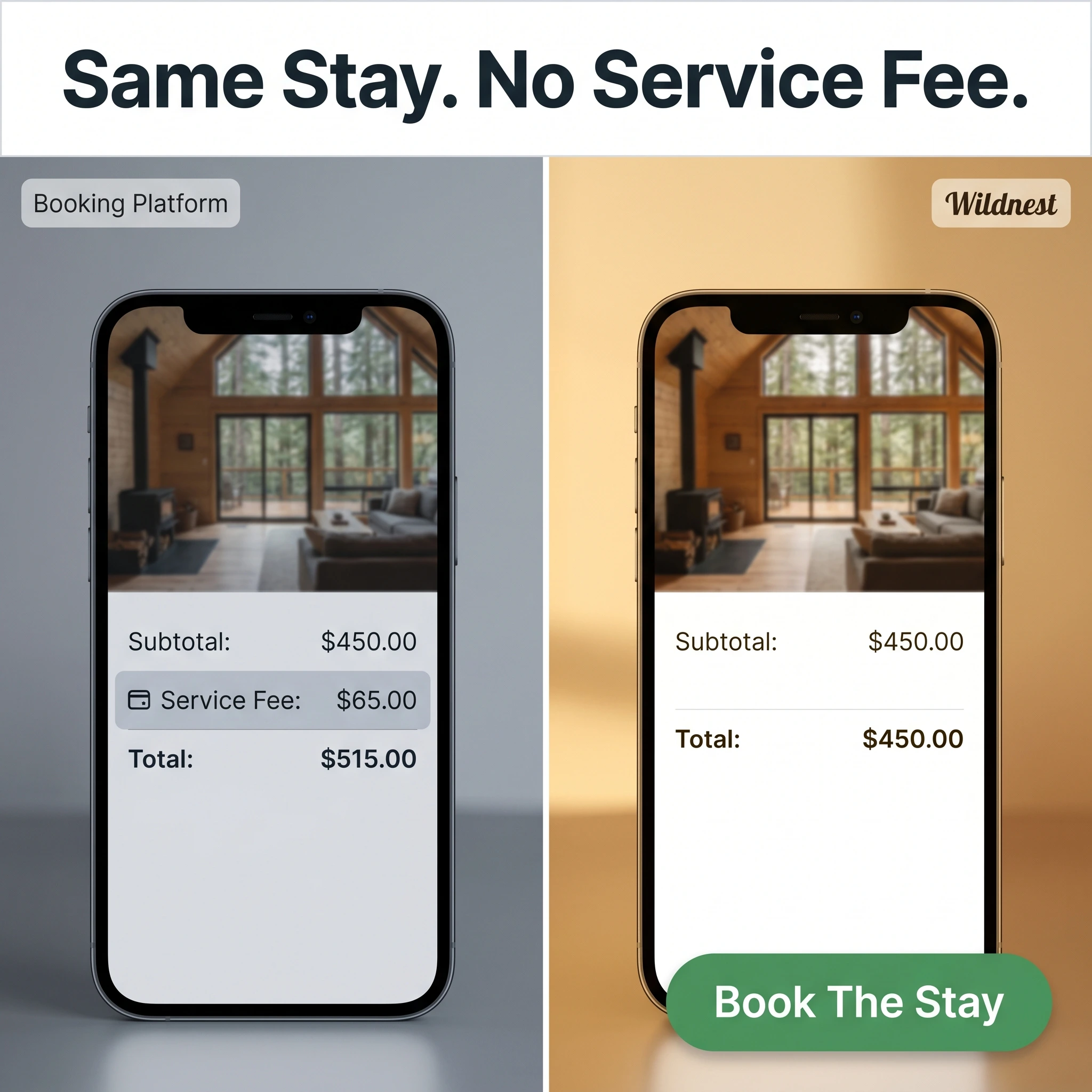 Airbnb comparison ad example: split frame of a platform service fee versus a no-fee direct booking with headline 'Same Stay. No Service Fee.'