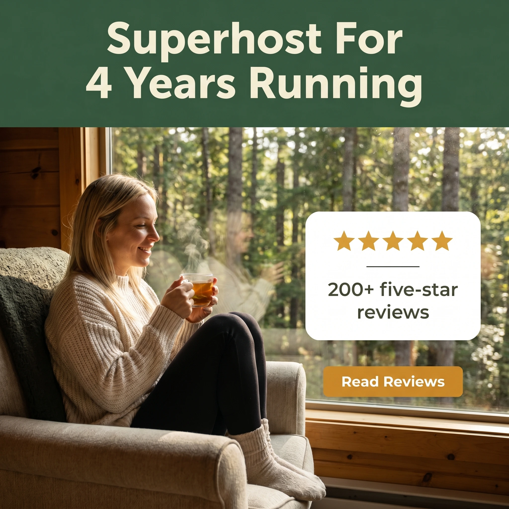 Airbnb testimonial ad example: guest beside a five-star review card with headline 'Superhost For 4 Years Running'