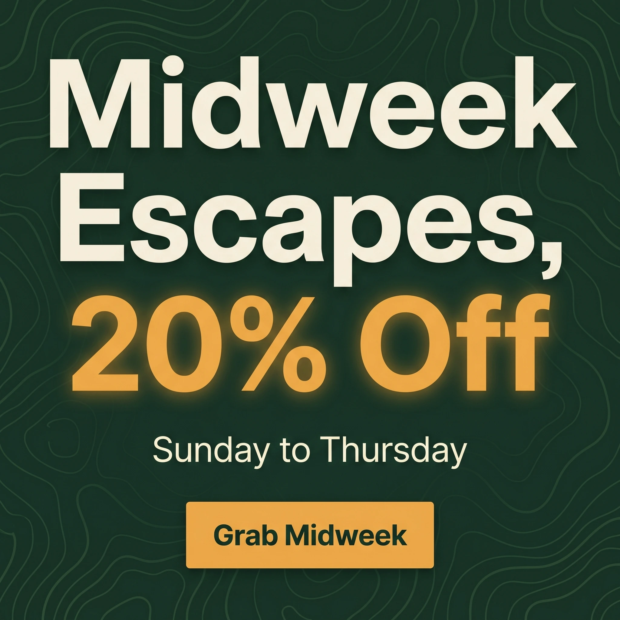 Airbnb offer ad example: bold typographic promo reading 'Midweek Escapes, 20% Off'