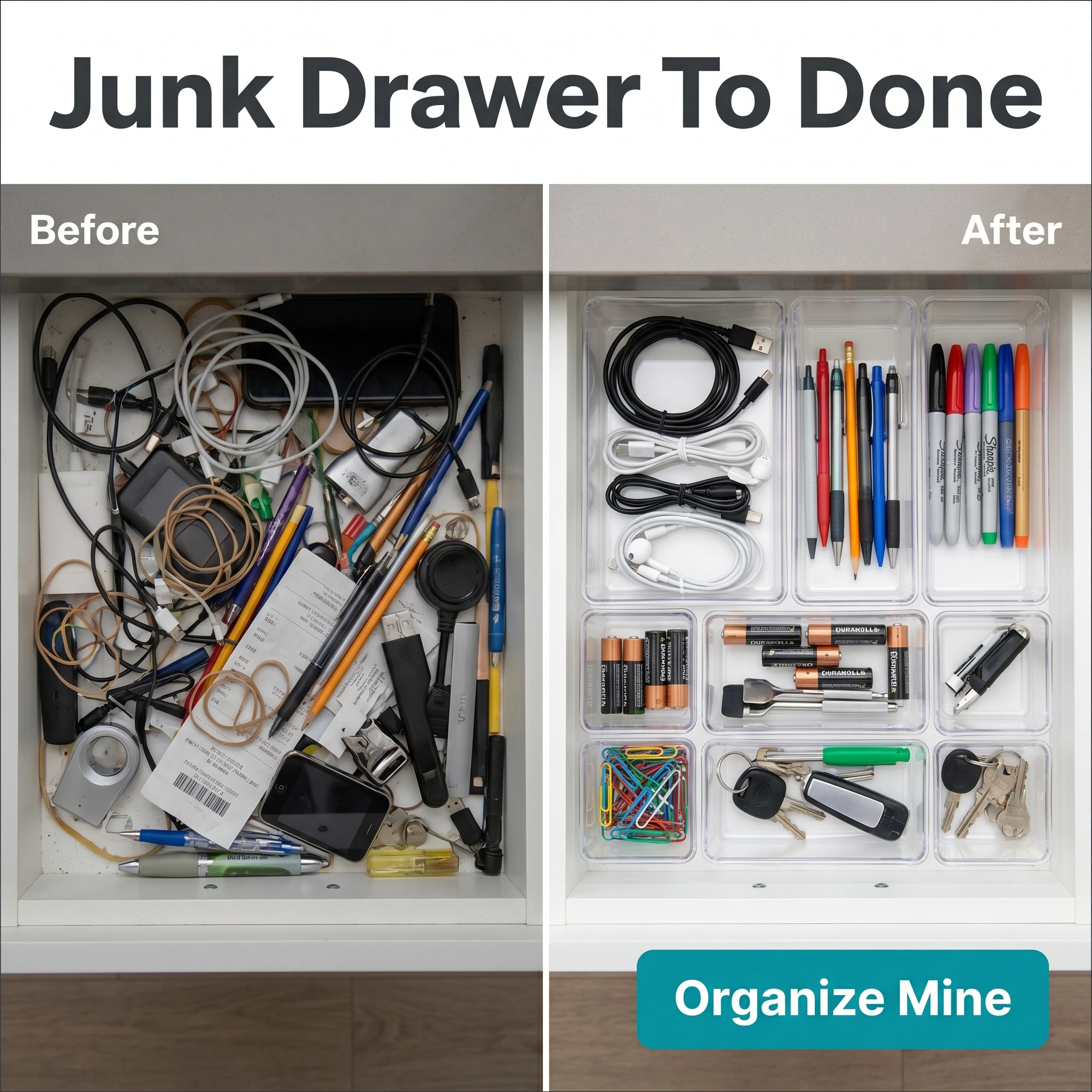Before-and-after Amazon seller ad example: split frame of a messy junk drawer and the same drawer organized, with headline 'Junk Drawer To Done'