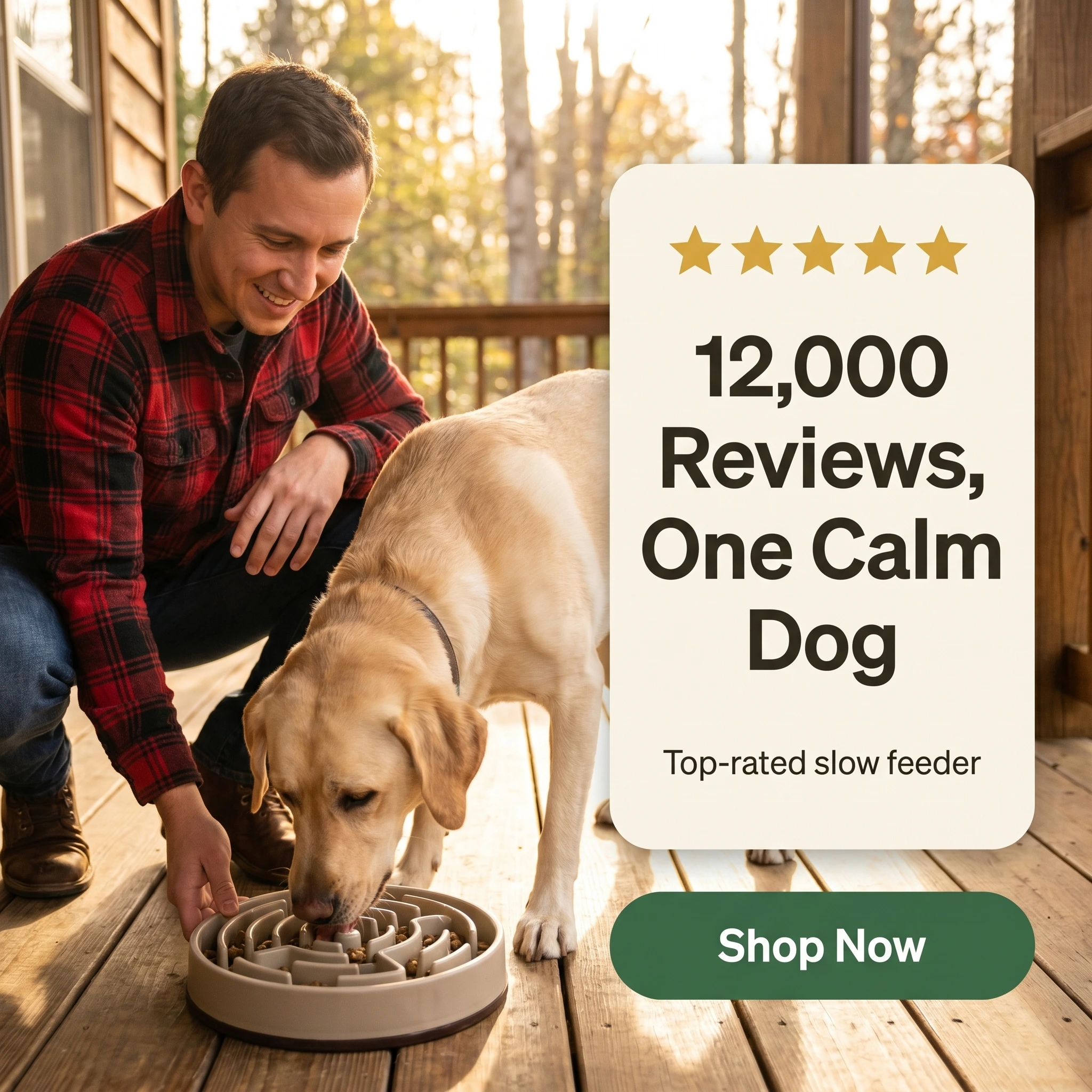 Amazon seller testimonial ad example: a man on a porch with his dog at a slow-feeder bowl, beside a five-star quote card reading '12,000 Reviews, One Calm Dog'