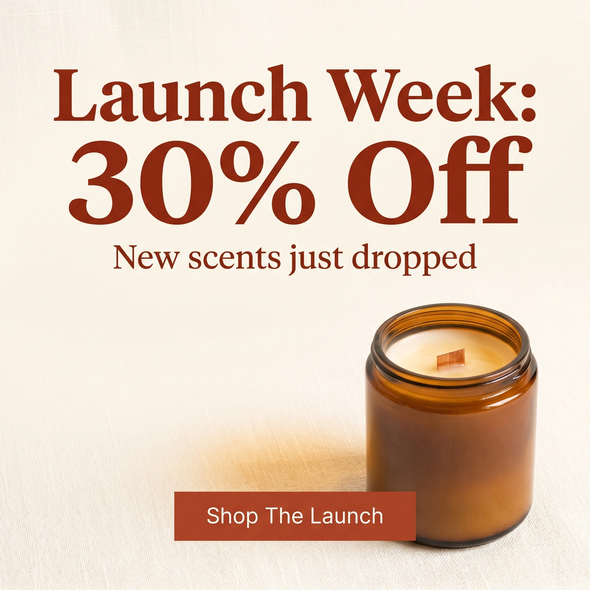 Amazon seller offer ad example: typography-led promo reading 'Launch Week: 30% Off'