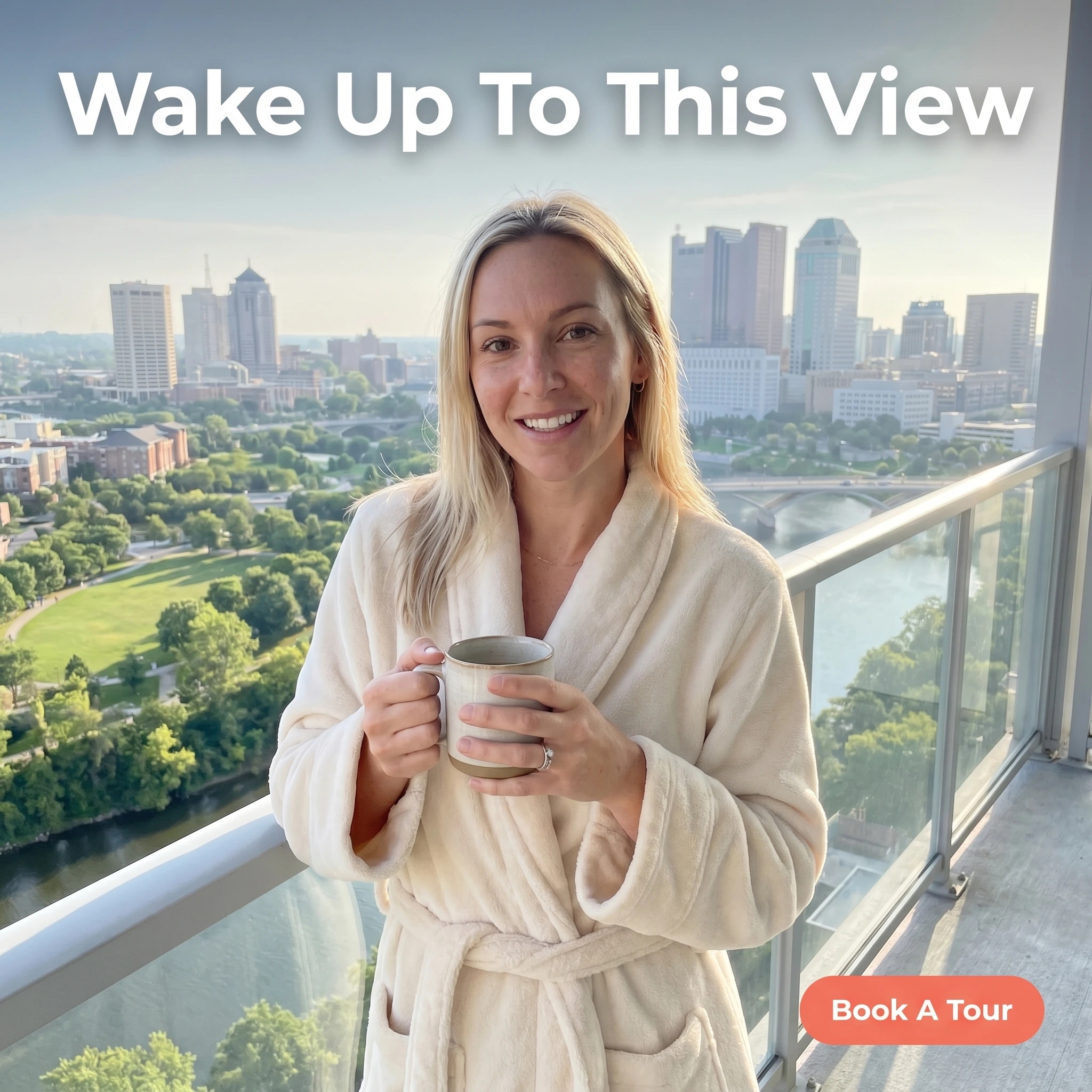UGC-style apartment rental ad example: a resident on a sunny balcony with coffee and headline 'Wake Up To This View'