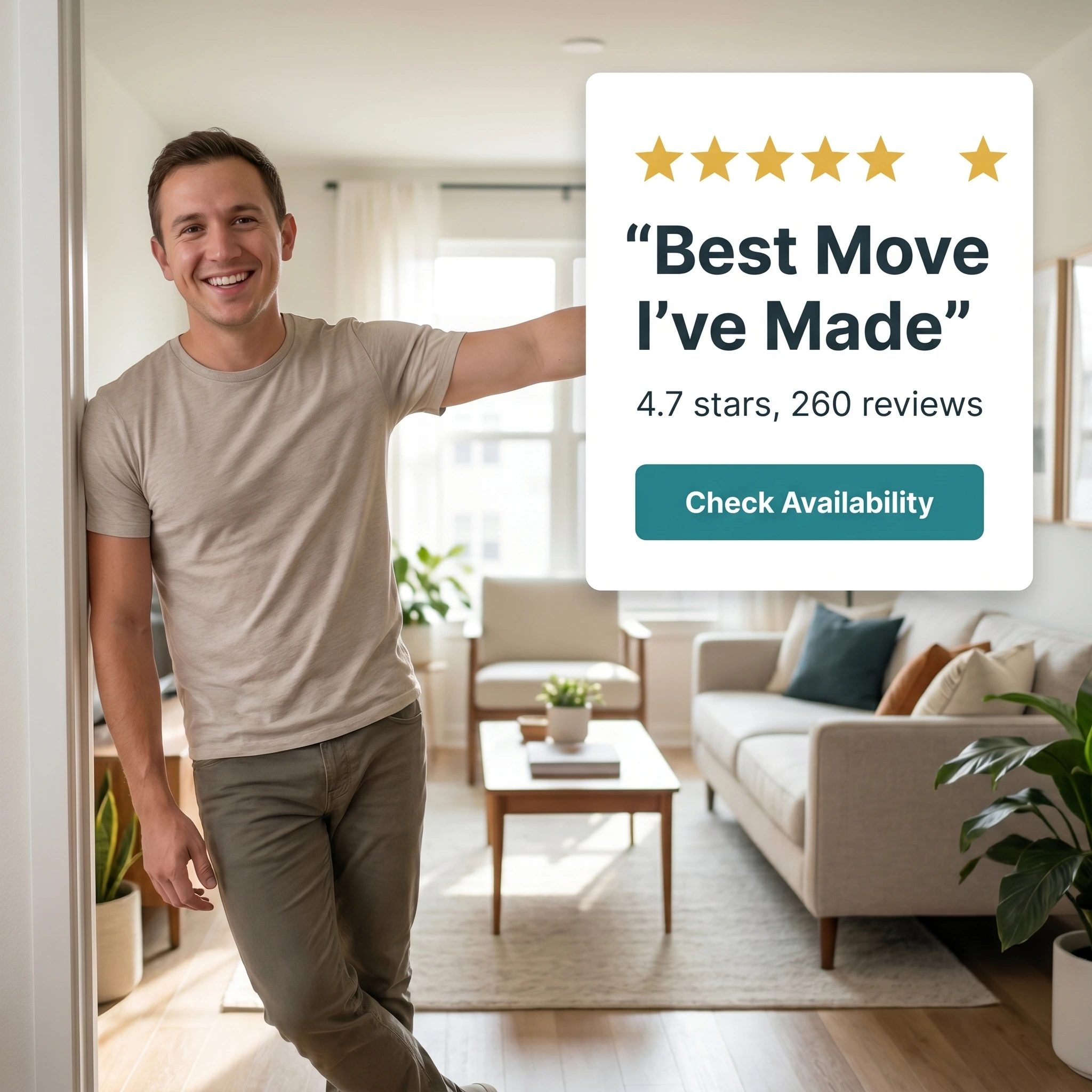 Apartment rental testimonial ad example: a happy resident beside a five-star quote card reading 'Best Move I've Made'