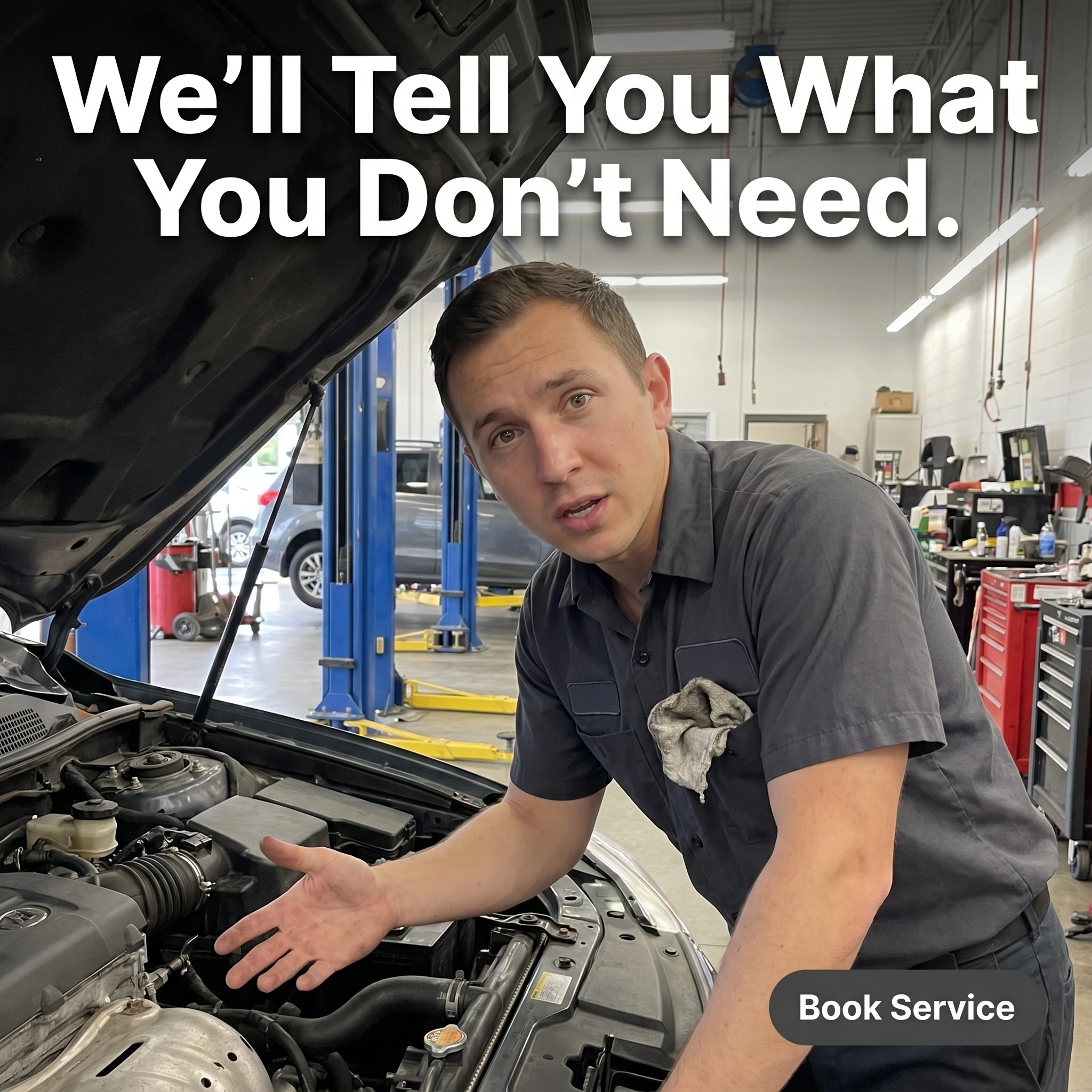 UGC-style auto repair ad example: a mechanic under the hood with headline 'We'll Tell You What You Don't Need.'