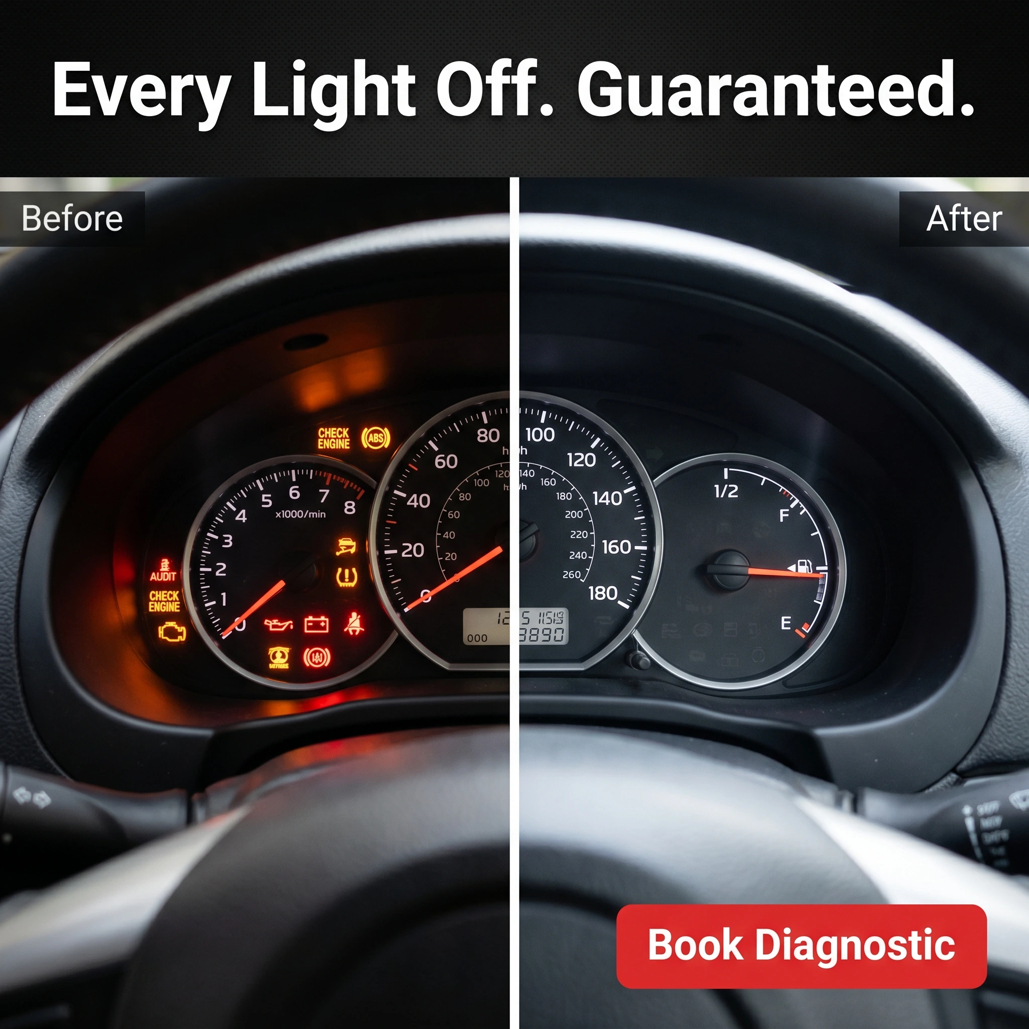 Before-and-after auto repair ad example: split frame of a dashboard with warning lights on and then all off, headline 'Every Light Off. Guaranteed.'
