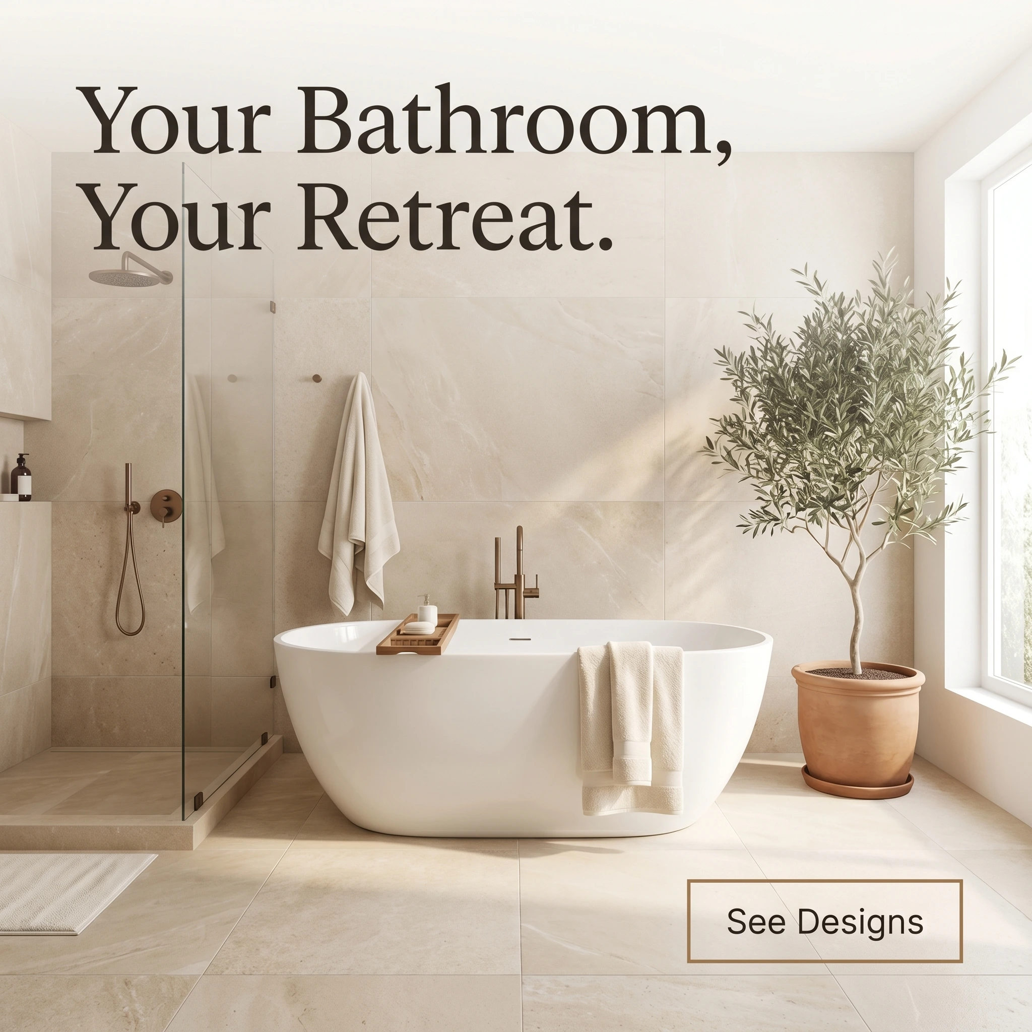 Bathroom remodeling hero ad example: a serene spa bathroom with a freestanding tub and rainfall shower, headline 'Your Bathroom, Your Retreat'