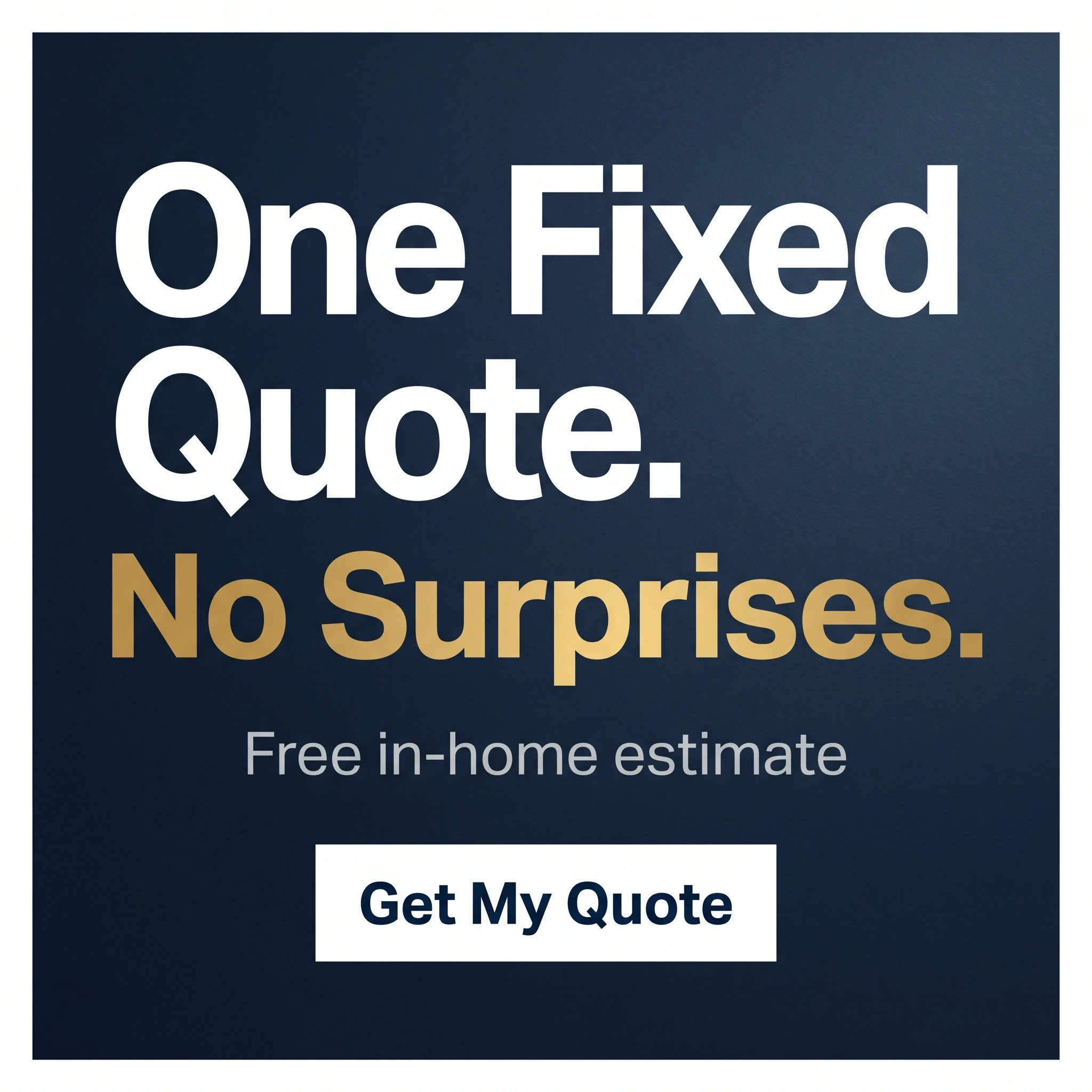 Bathroom remodeling offer ad example: typography-led promo reading 'One Fixed Quote. No Surprises.' over a deep navy background