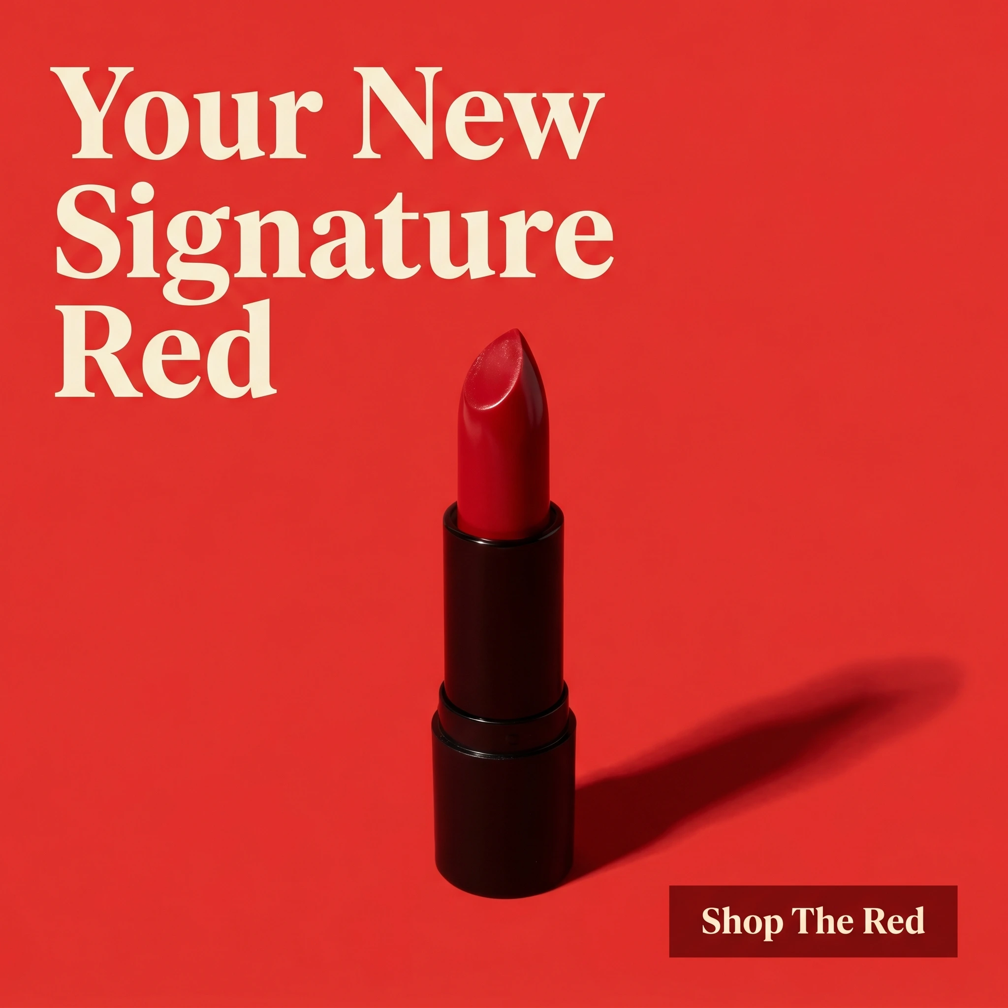 Beauty brand hero ad example: bold red lipstick bullet on a red background with headline 'Your New Signature Red'