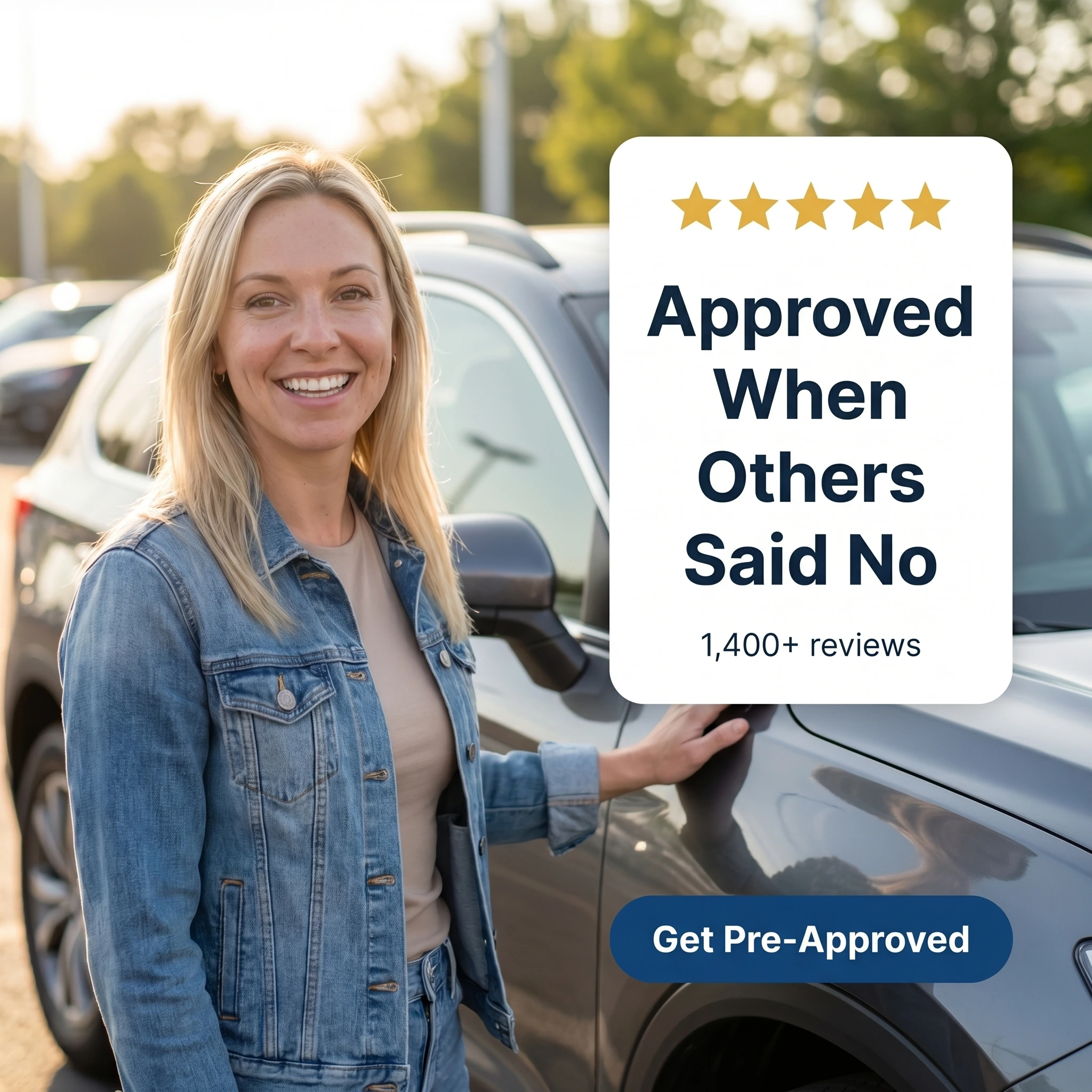 Car dealership testimonial ad example: customer beside a five-star quote card reading 'Approved When Others Said No'