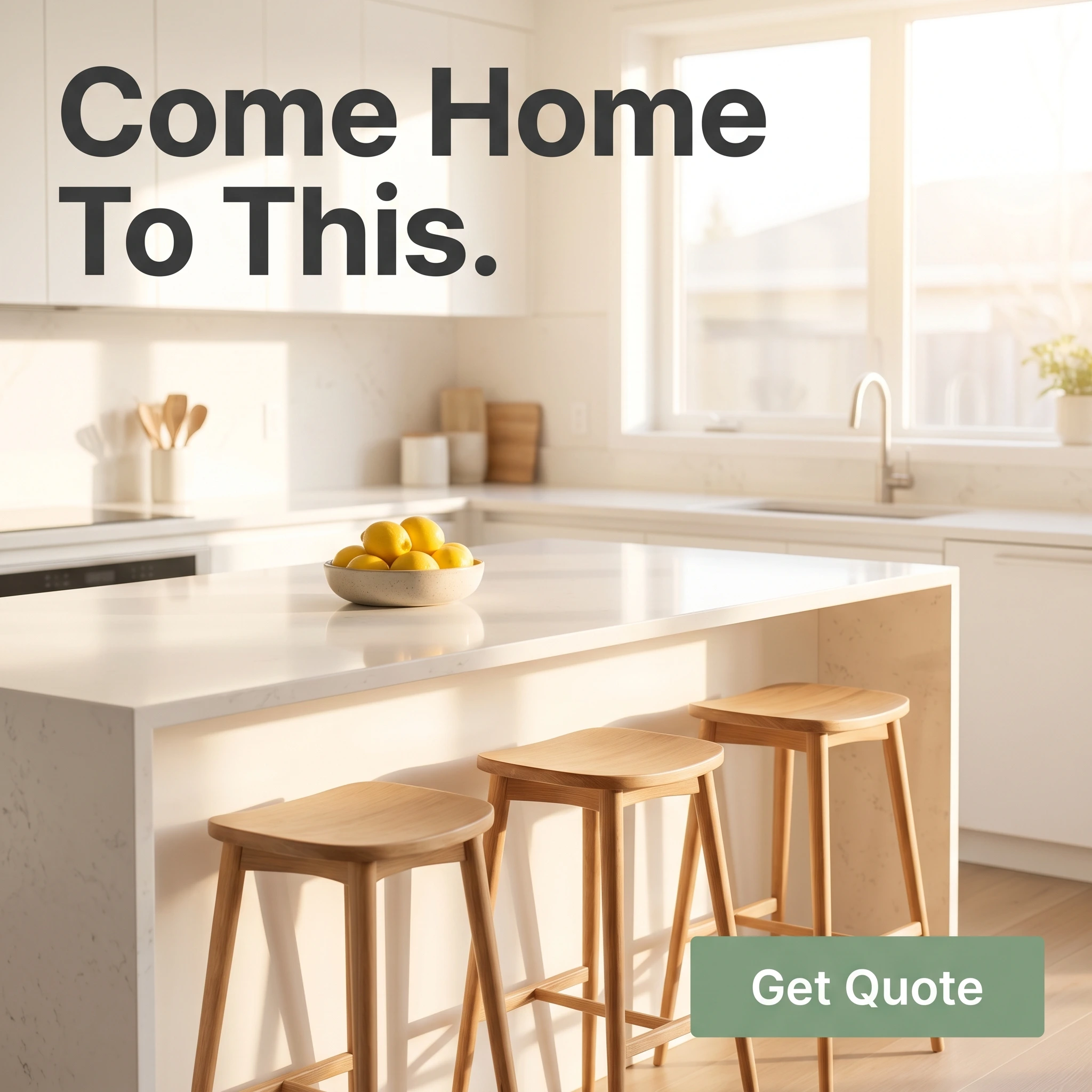 Cleaning service hero ad example: a spotless sunlit kitchen with headline 'Come Home To This.'