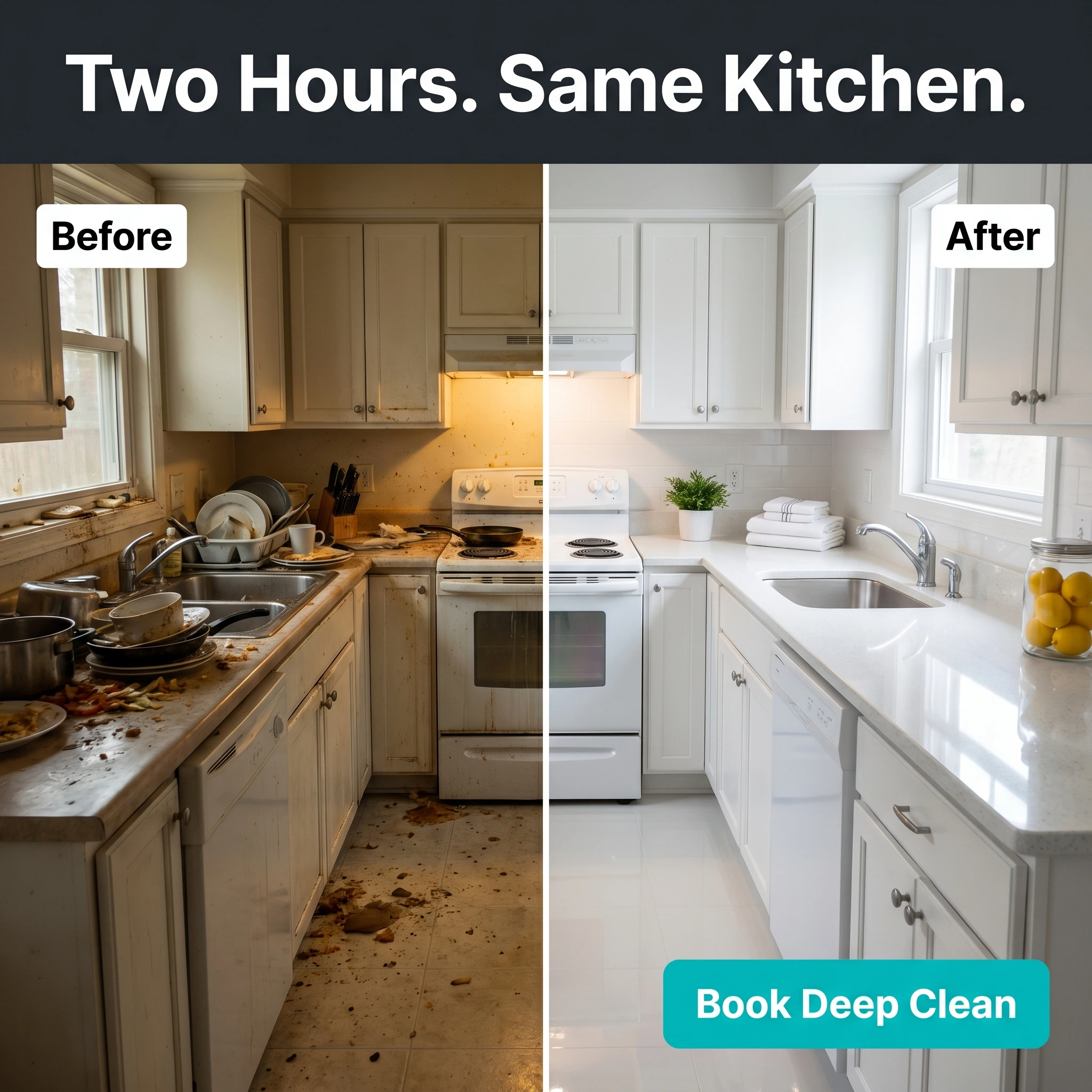 Before-and-after cleaning service ad example: split frame of a messy kitchen and a spotless one with headline 'Two Hours. Same Kitchen.'