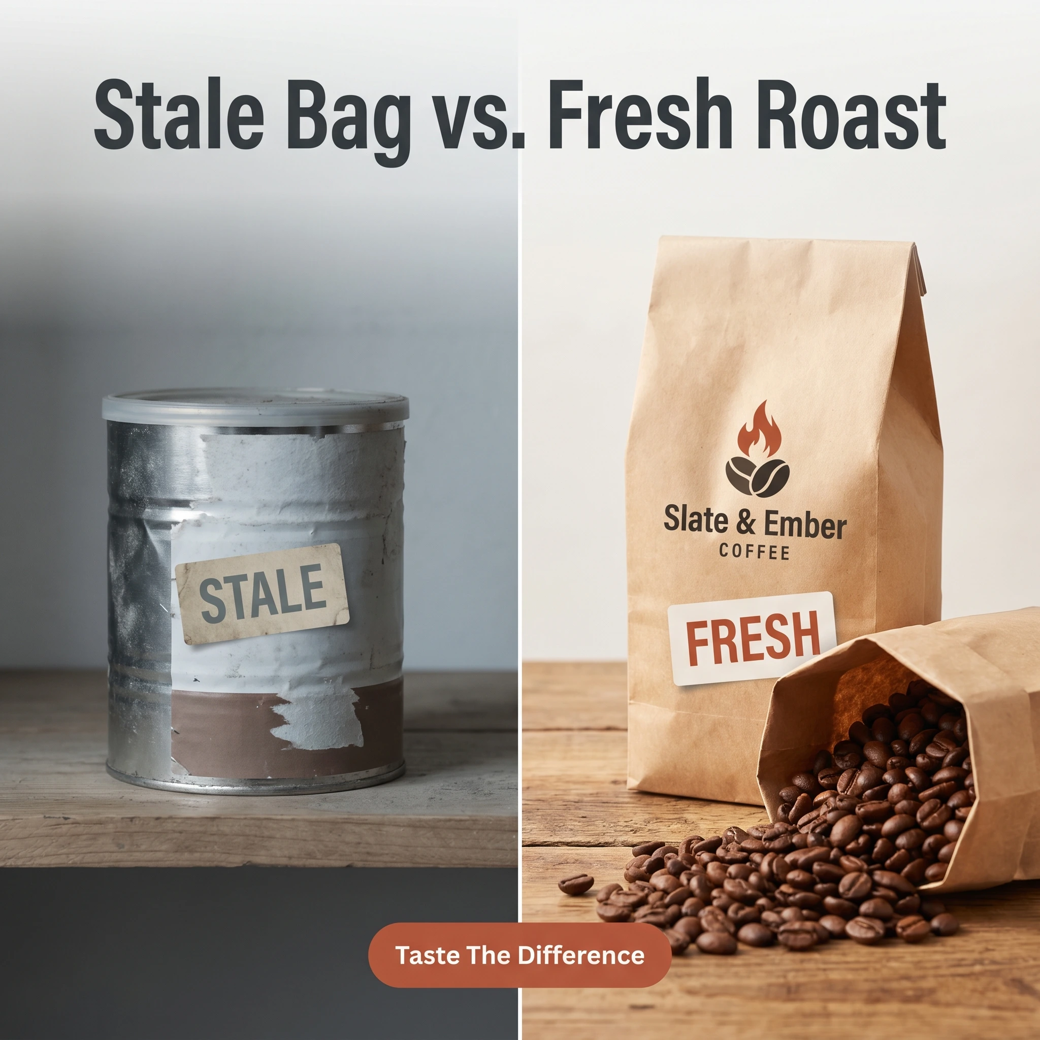 Before-and-after coffee brand ad example: a dusty grocery can beside a fresh whole-bean bag with headline 'Stale Bag vs. Fresh Roast'