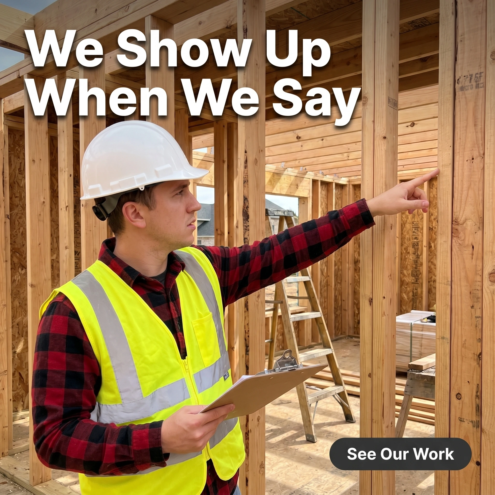UGC-style construction ad example: contractor on a job site with a clipboard and headline 'We Show Up When We Say'