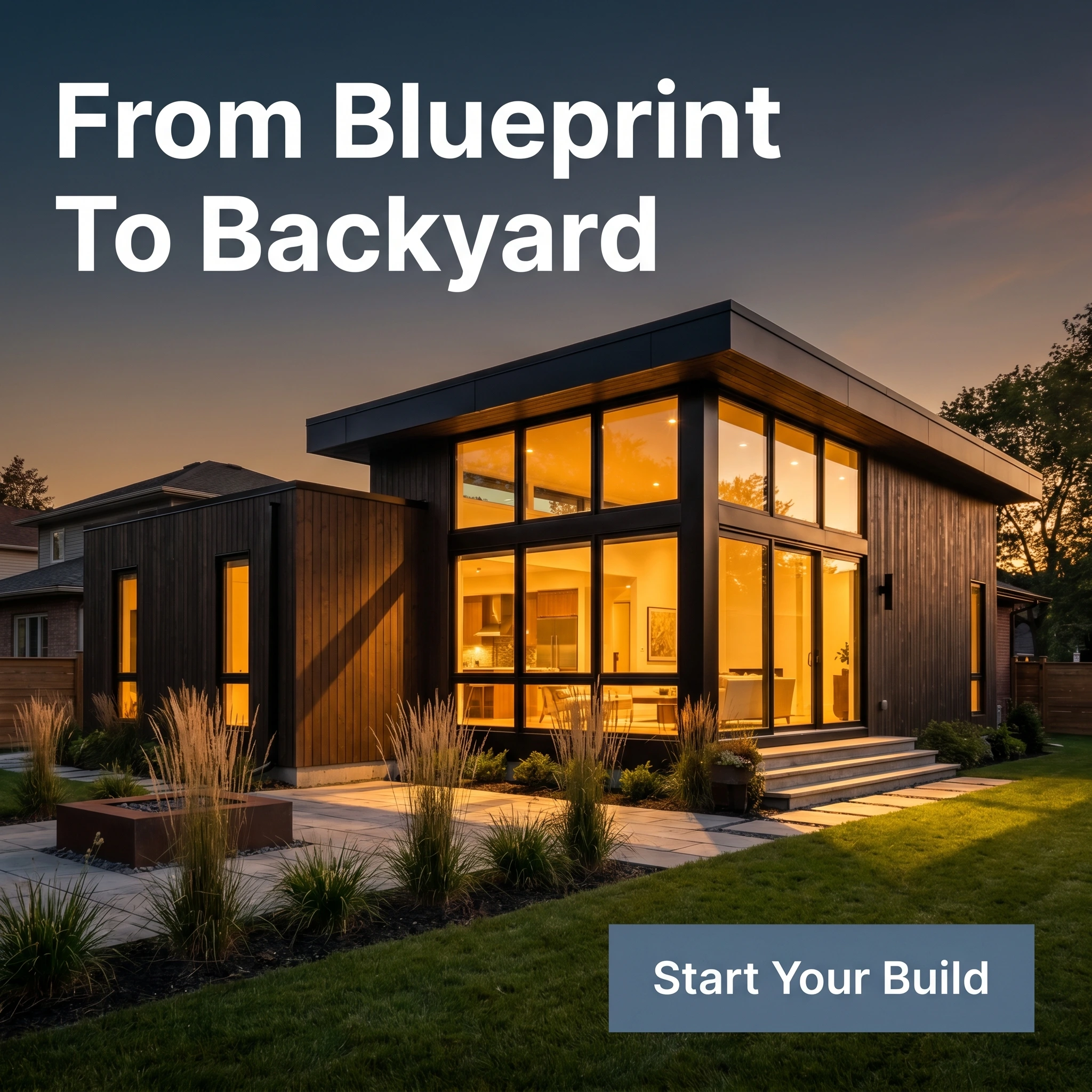 Construction hero ad example: a completed modern home addition at golden hour with headline 'From Blueprint To Backyard'