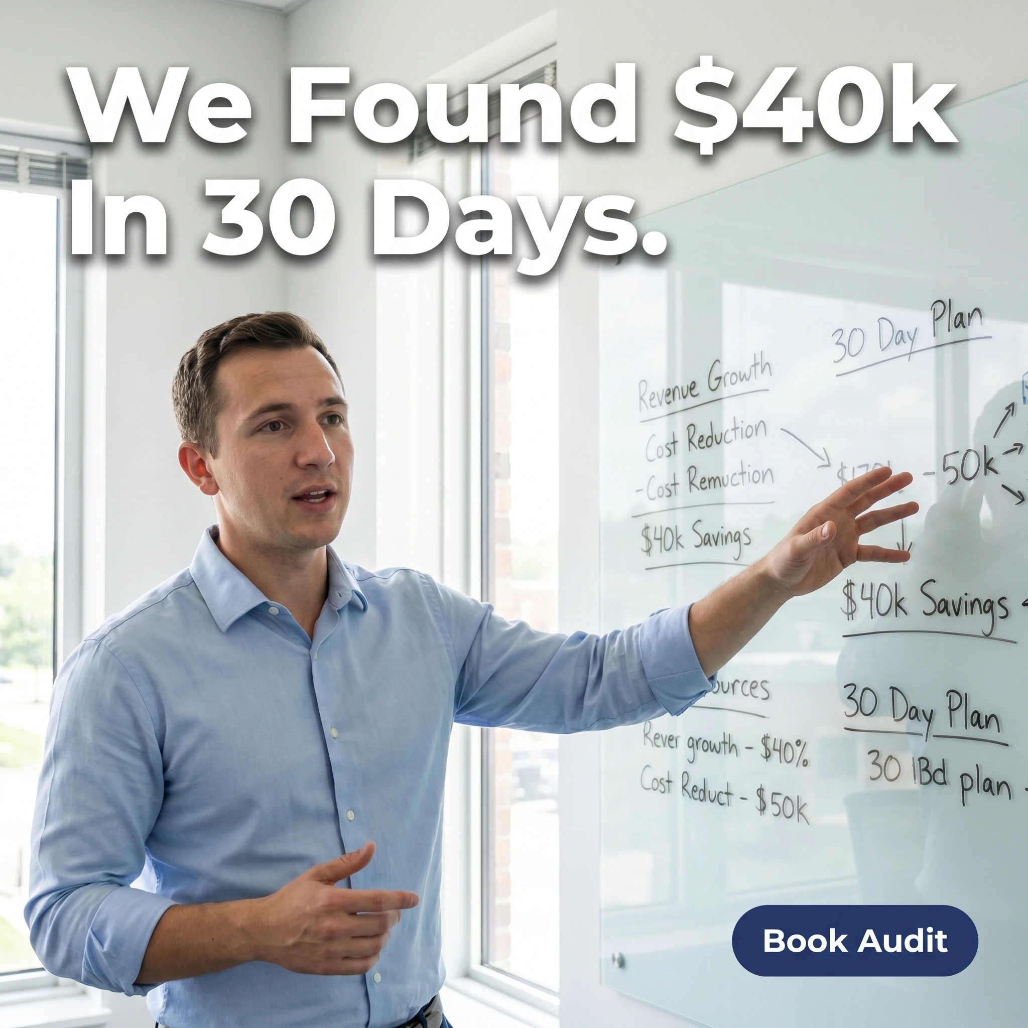 UGC-style consulting ad example: a consultant at a whiteboard with headline 'We Found $40k In 30 Days.'