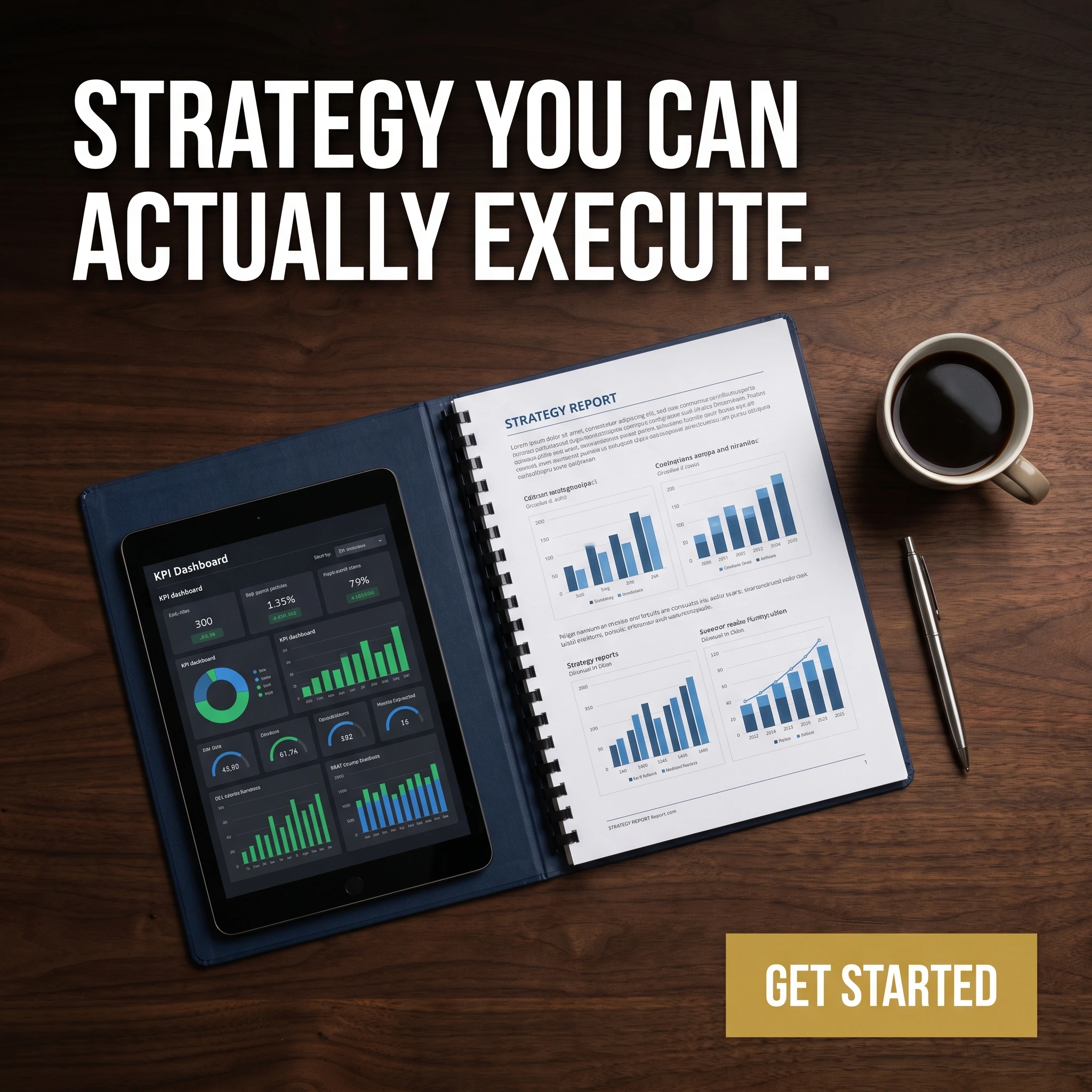 Consulting hero ad example: a clean shot of a strategy report and dashboard with headline 'Strategy You Can Actually Execute.'