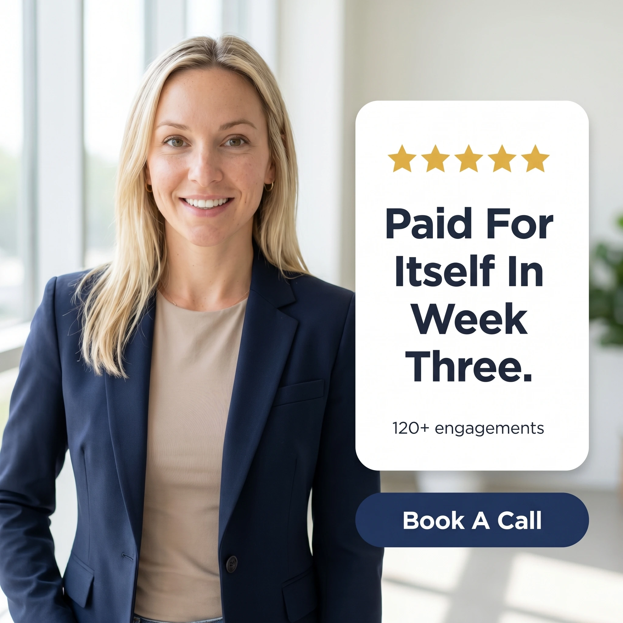 Consulting testimonial ad example: an executive beside a five-star quote card reading 'Paid For Itself In Week Three.'