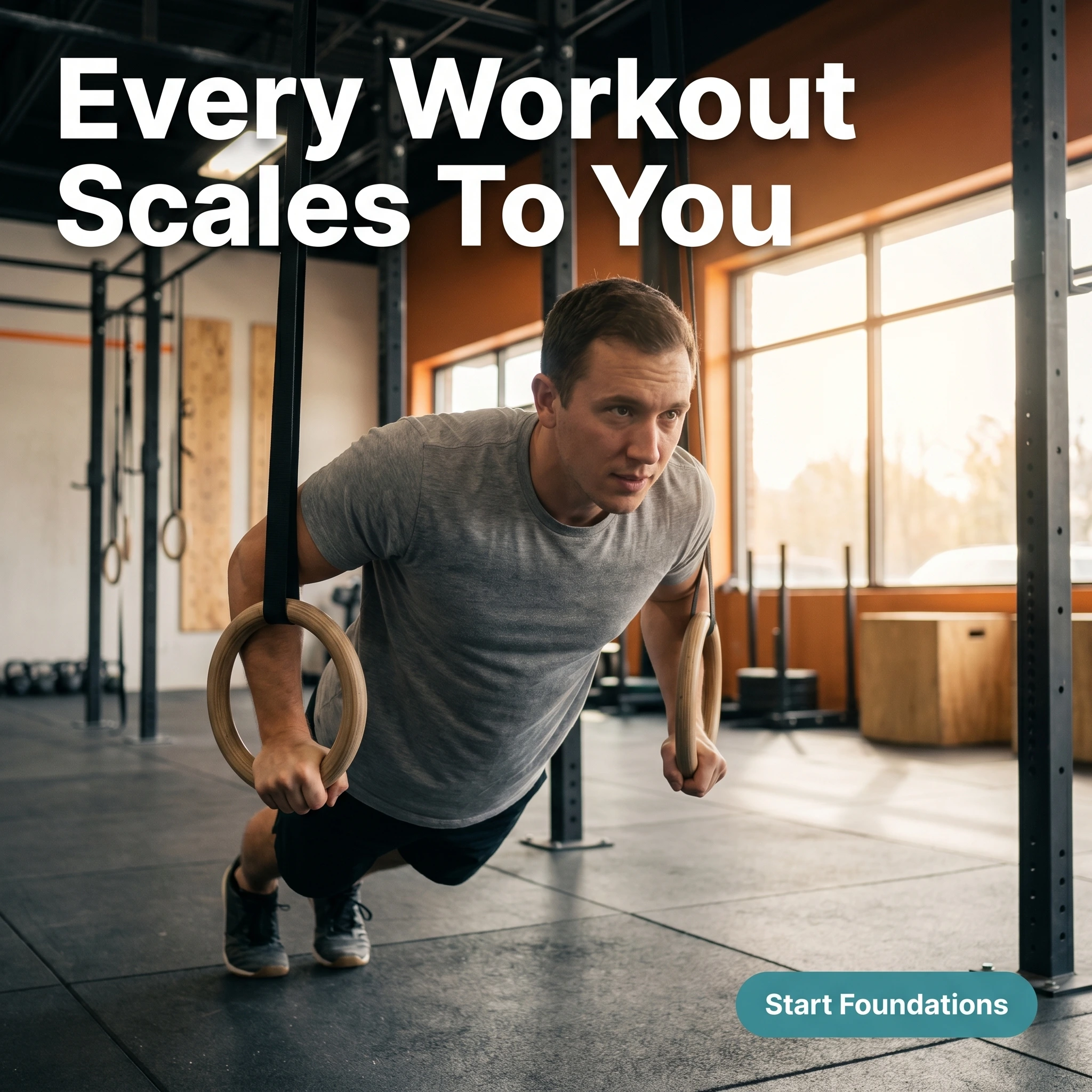 CrossFit ad example: a member doing a scaled ring row with headline 'Every Workout Scales To You'