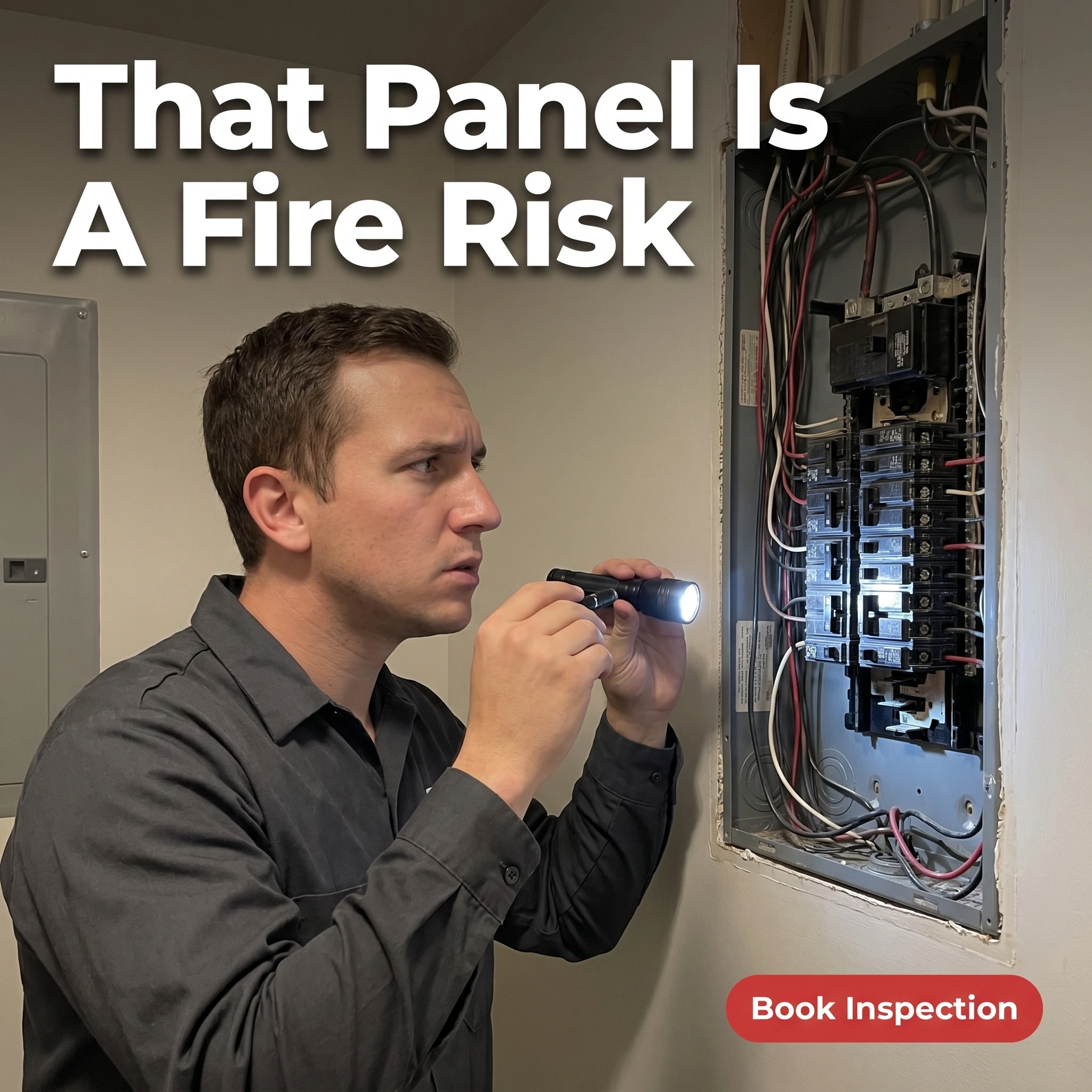 UGC-style electrician ad example: an electrician examining an open electrical panel with headline 'That Panel Is A Fire Risk'