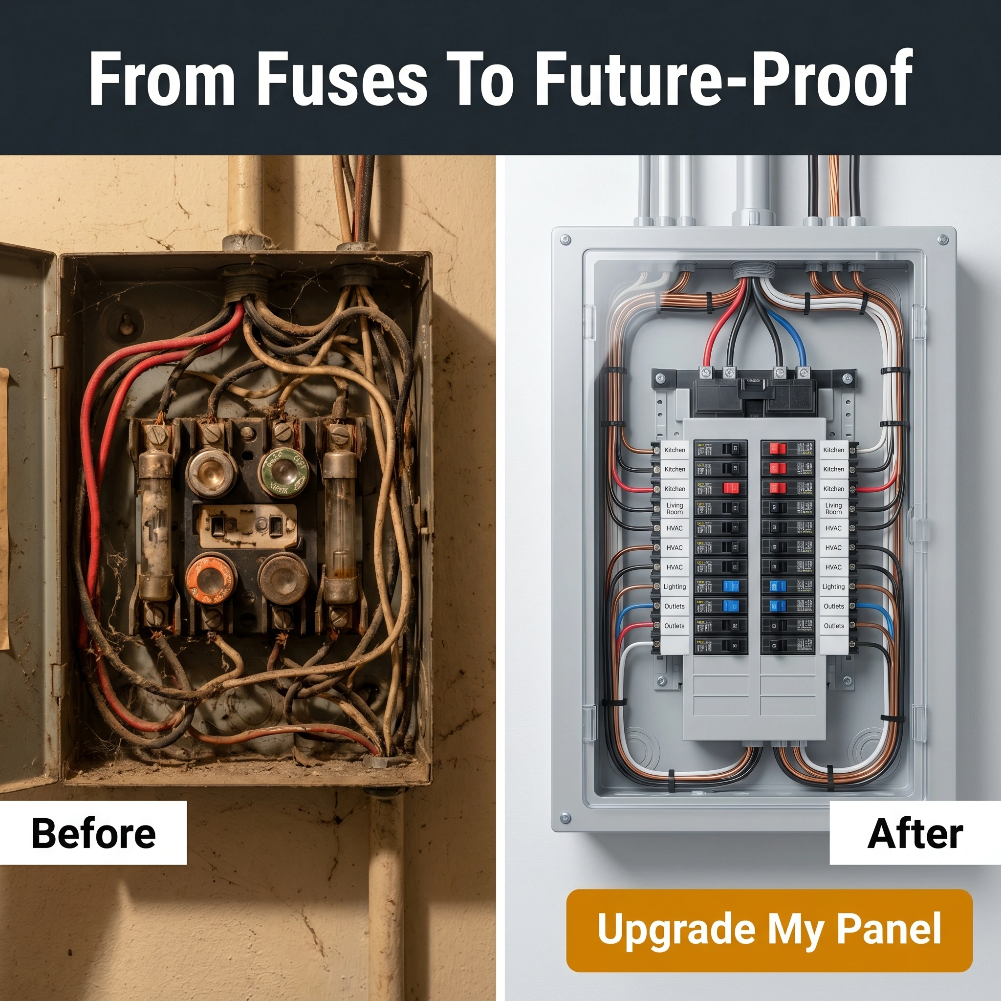 Electrician before-and-after ad example: split frame of an old fuse box and a new breaker panel with headline 'From Fuses To Future-Proof'