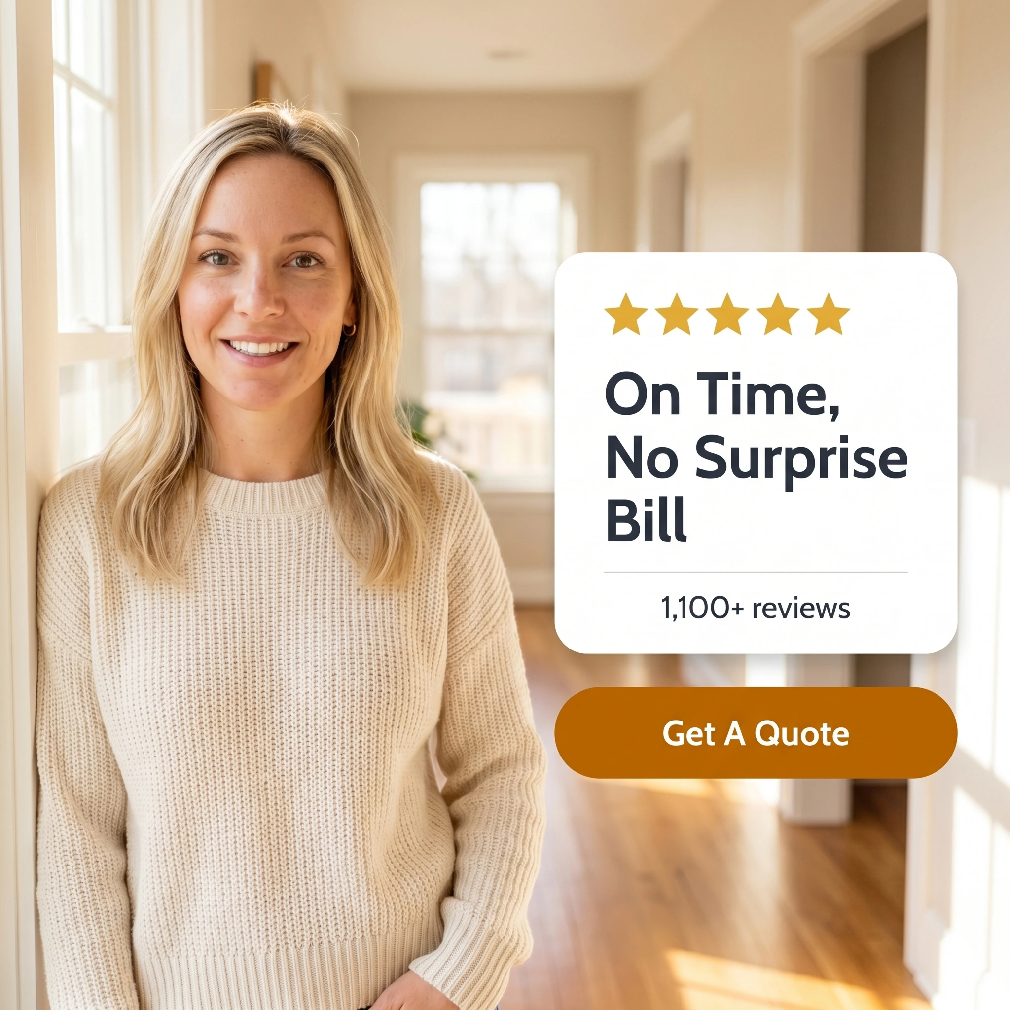 Electrician testimonial ad example: a homeowner beside a five-star quote card reading 'On Time, No Surprise Bill'