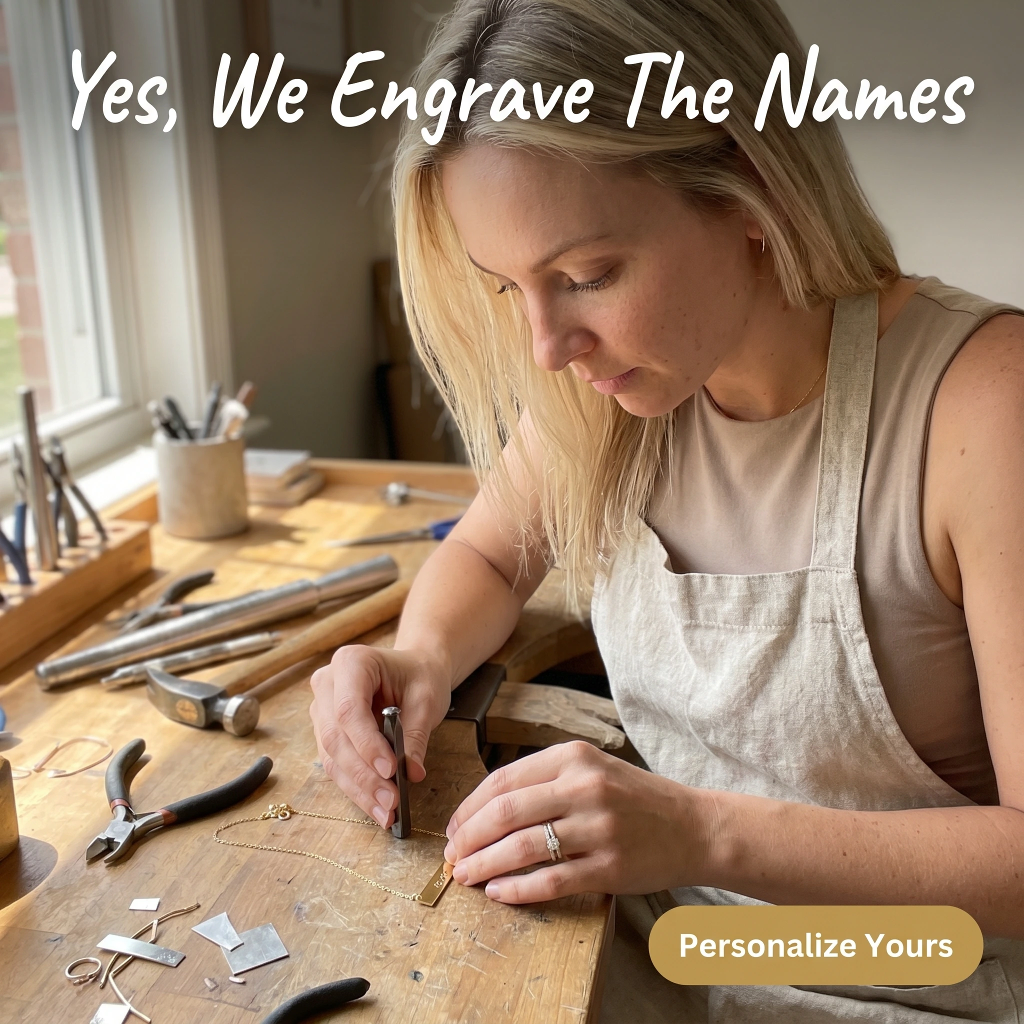 UGC-style Etsy store ad example: a maker hand-engraving a name necklace at her studio bench with headline 'Yes, We Engrave The Names'