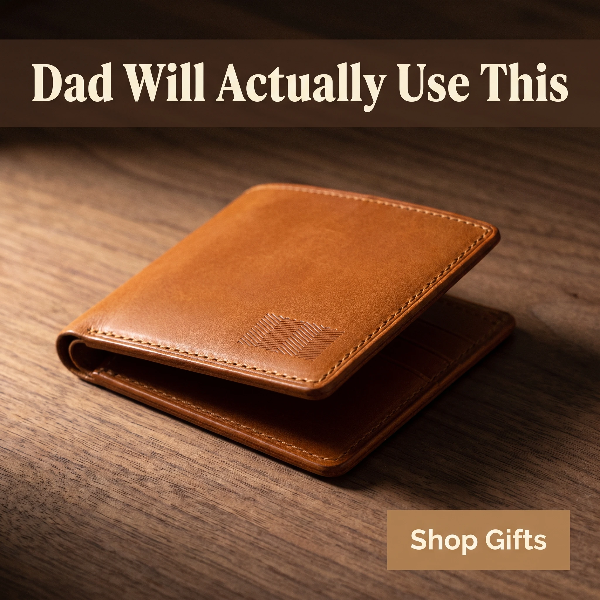 Etsy store hero ad example: an engraved leather wallet on a warm background with headline 'Dad Will Actually Use This'