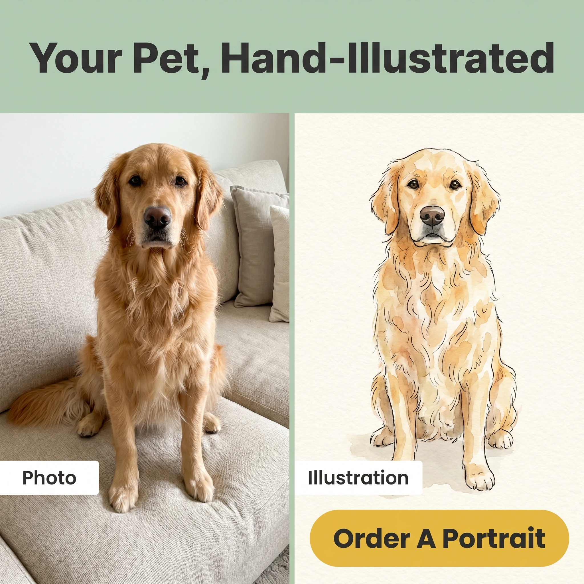 Before-and-after Etsy store ad example: split frame of a pet photo and the same pet as a hand-drawn illustration, with headline 'Your Pet, Hand-Illustrated'