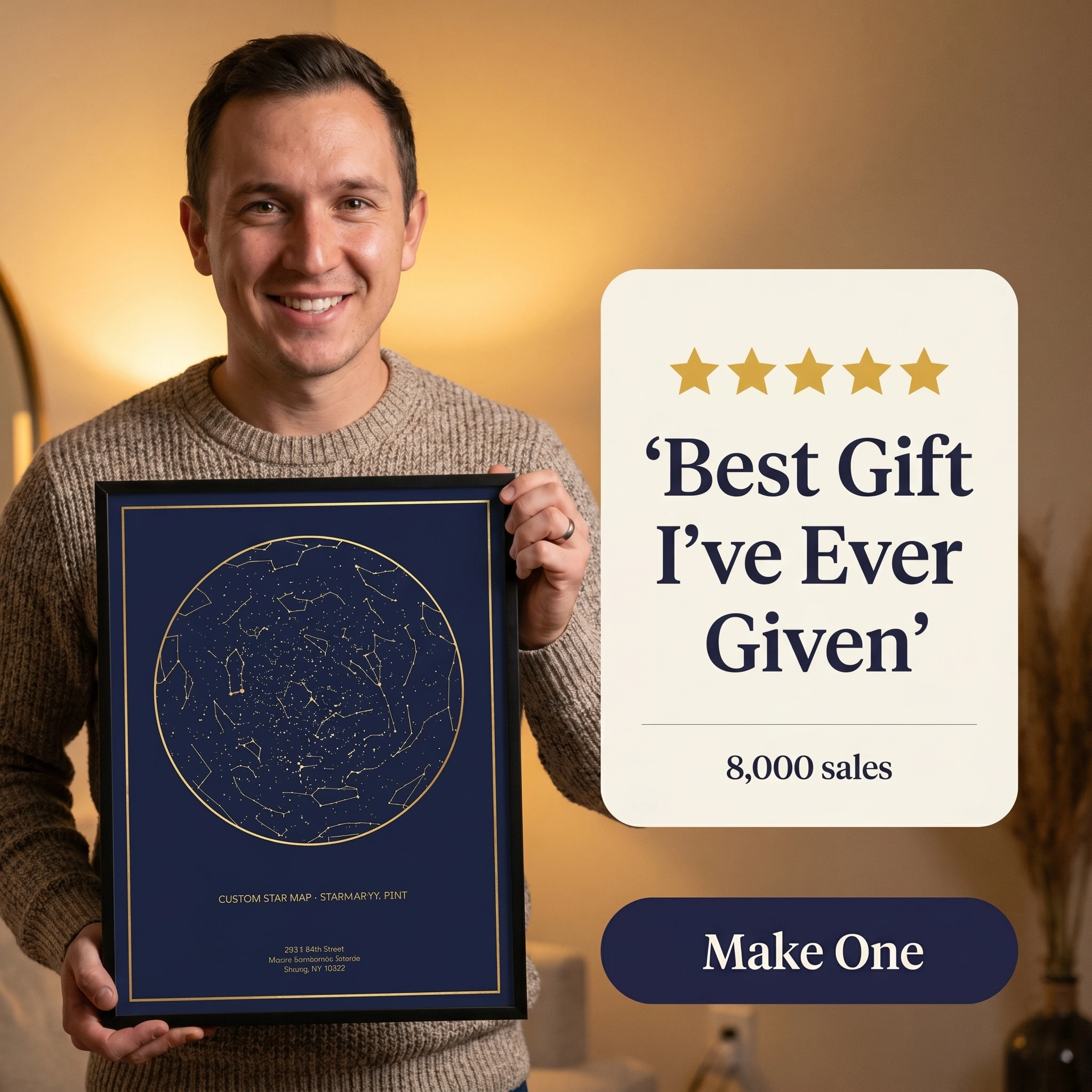 Etsy store testimonial ad example: a man holding a framed custom star map beside a five-star quote card reading 'Best Gift I've Ever Given'