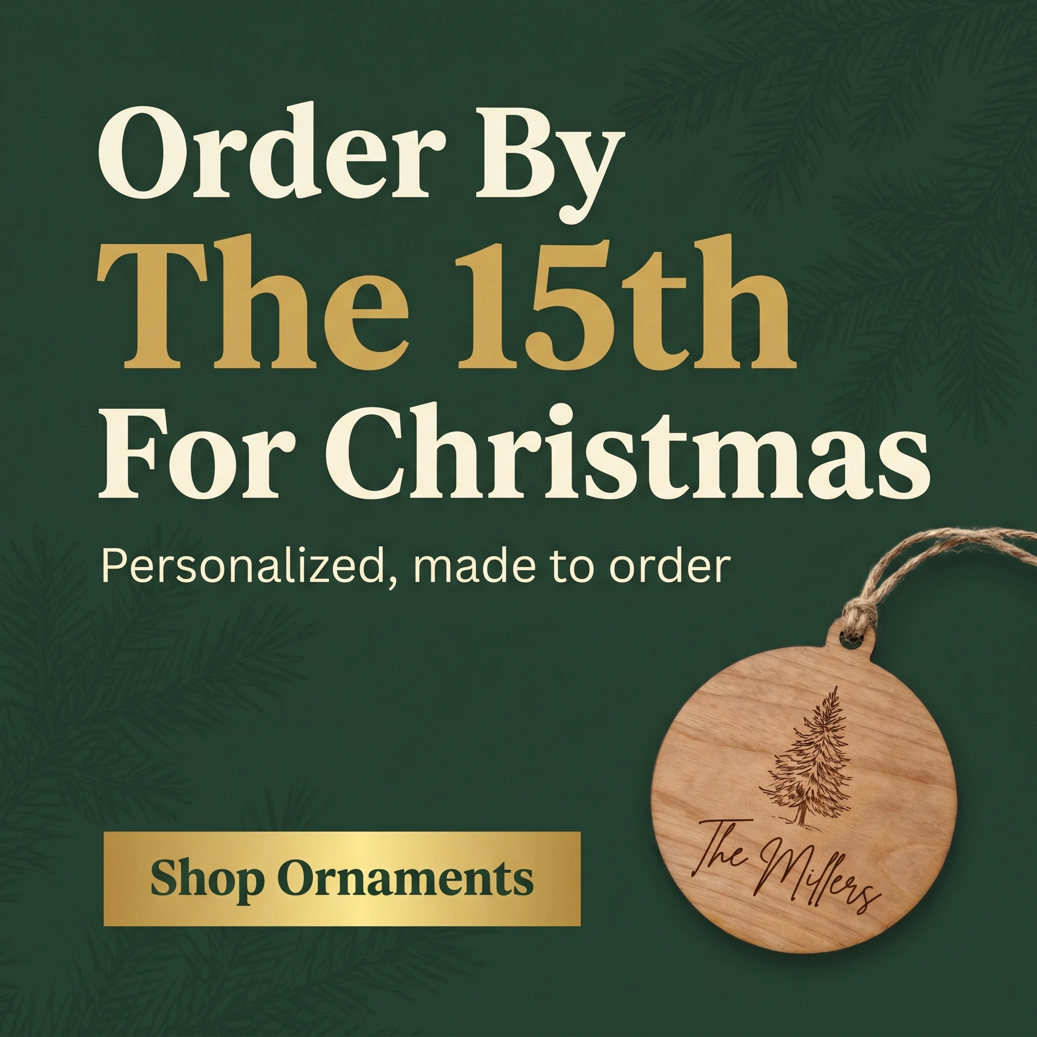 Etsy store offer ad example: typography-led festive promo reading 'Order By The 15th For Christmas'