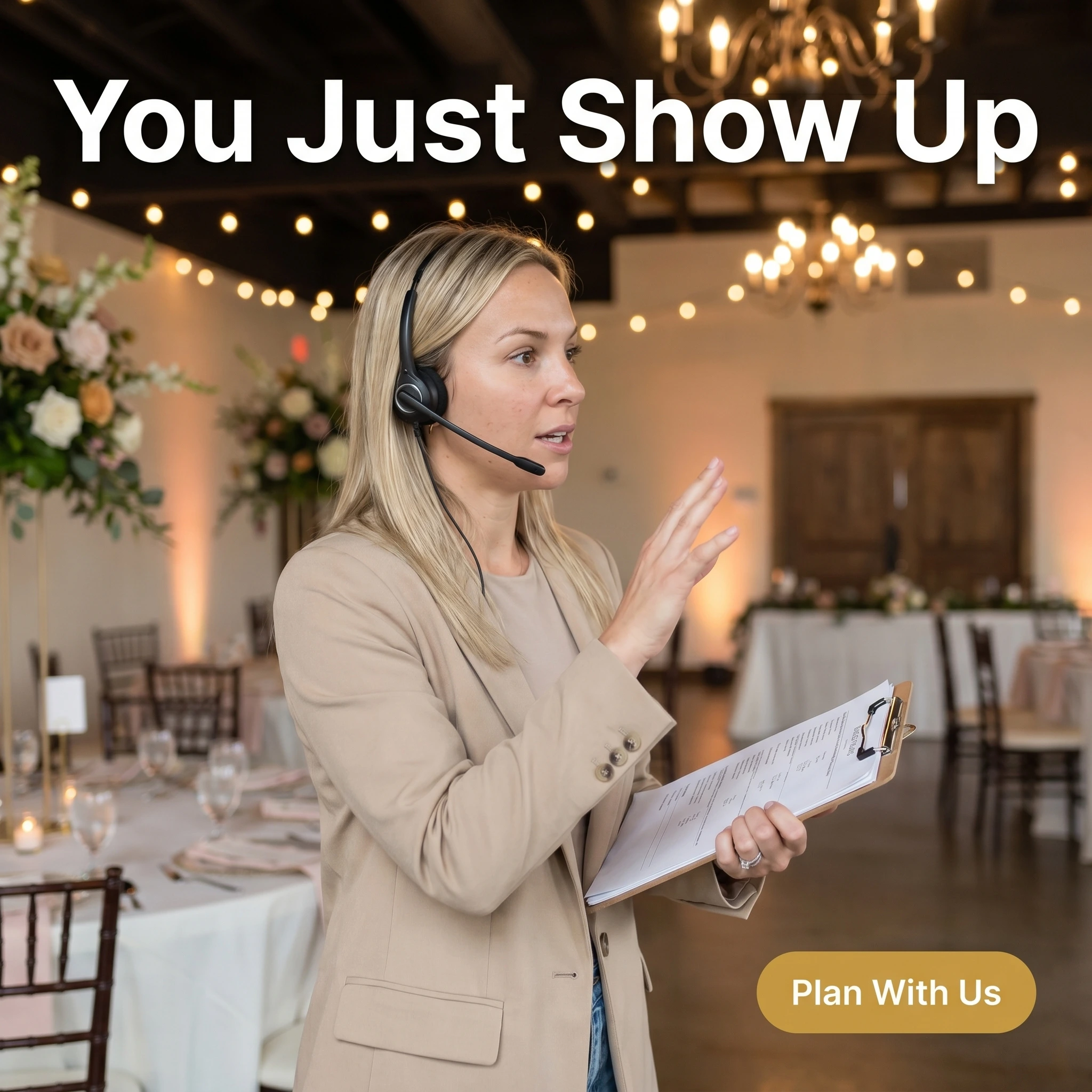 UGC-style event planning ad example: a planner with a headset and clipboard mid-setup with headline 'You Just Show Up'