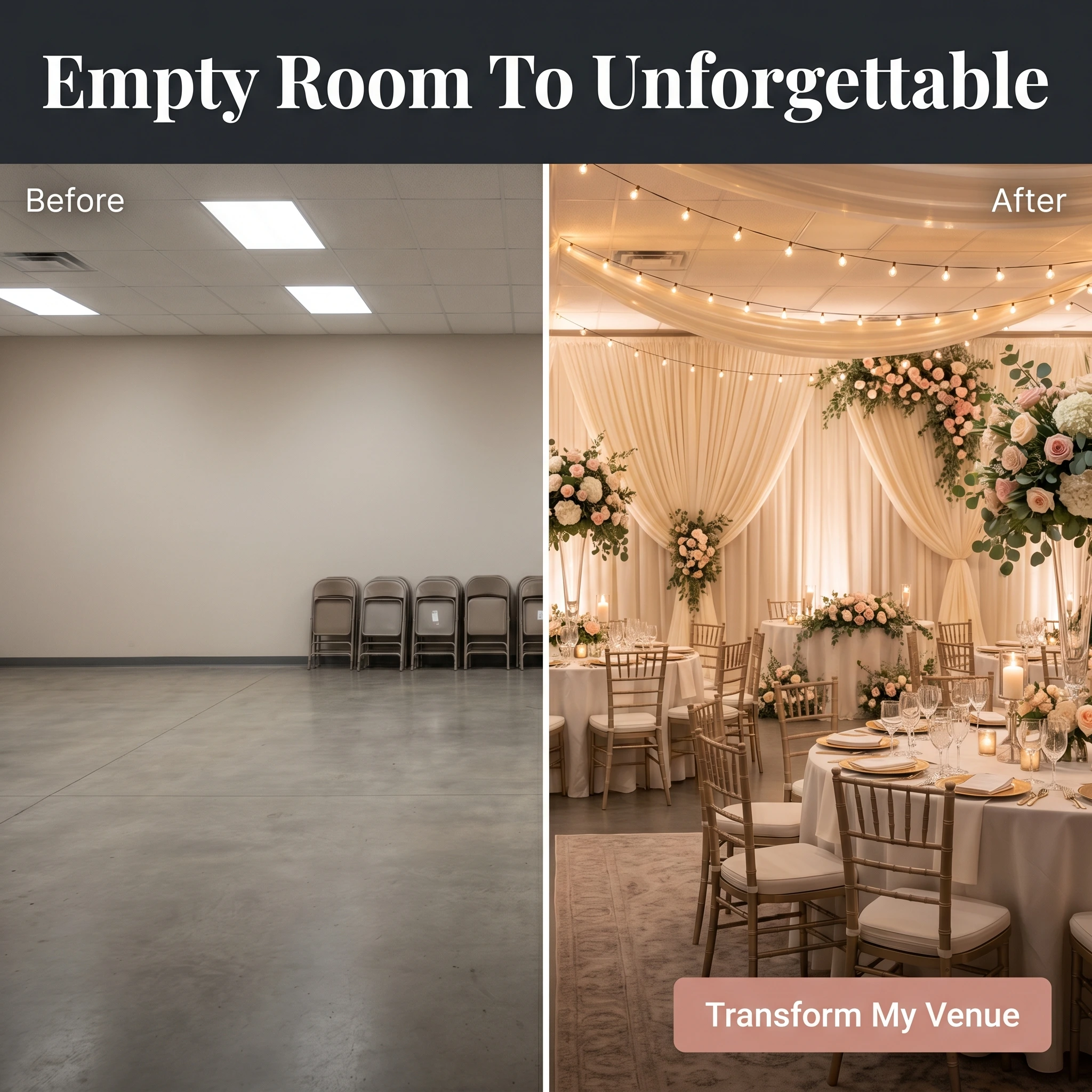 Before-and-after event planning ad example: split frame of a plain empty hall and the same hall fully styled, with headline 'Empty Room To Unforgettable'