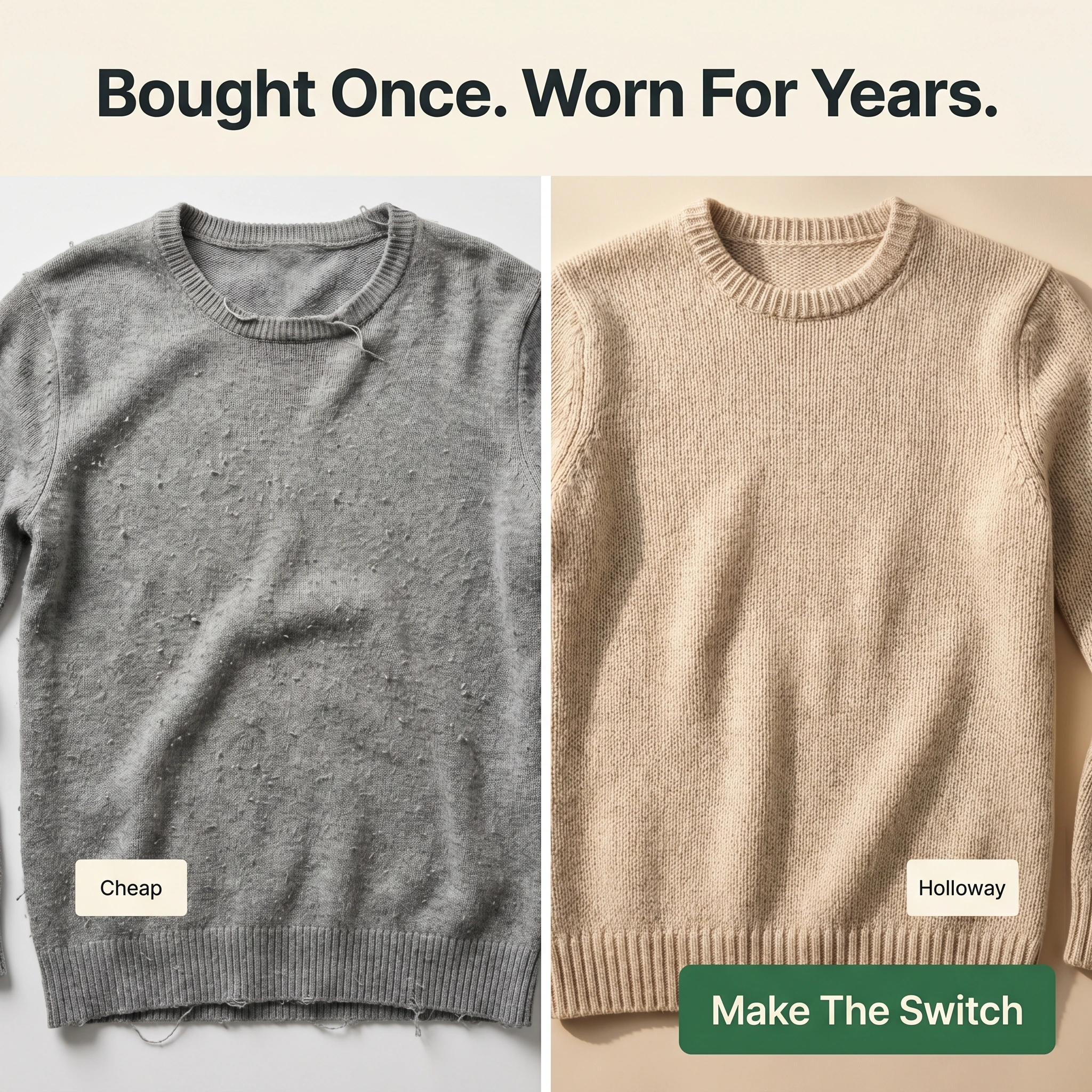Fashion ecommerce comparison ad example: split frame of a pilled cheap sweater and a clean quality knit with headline 'Bought Once. Worn For Years.'