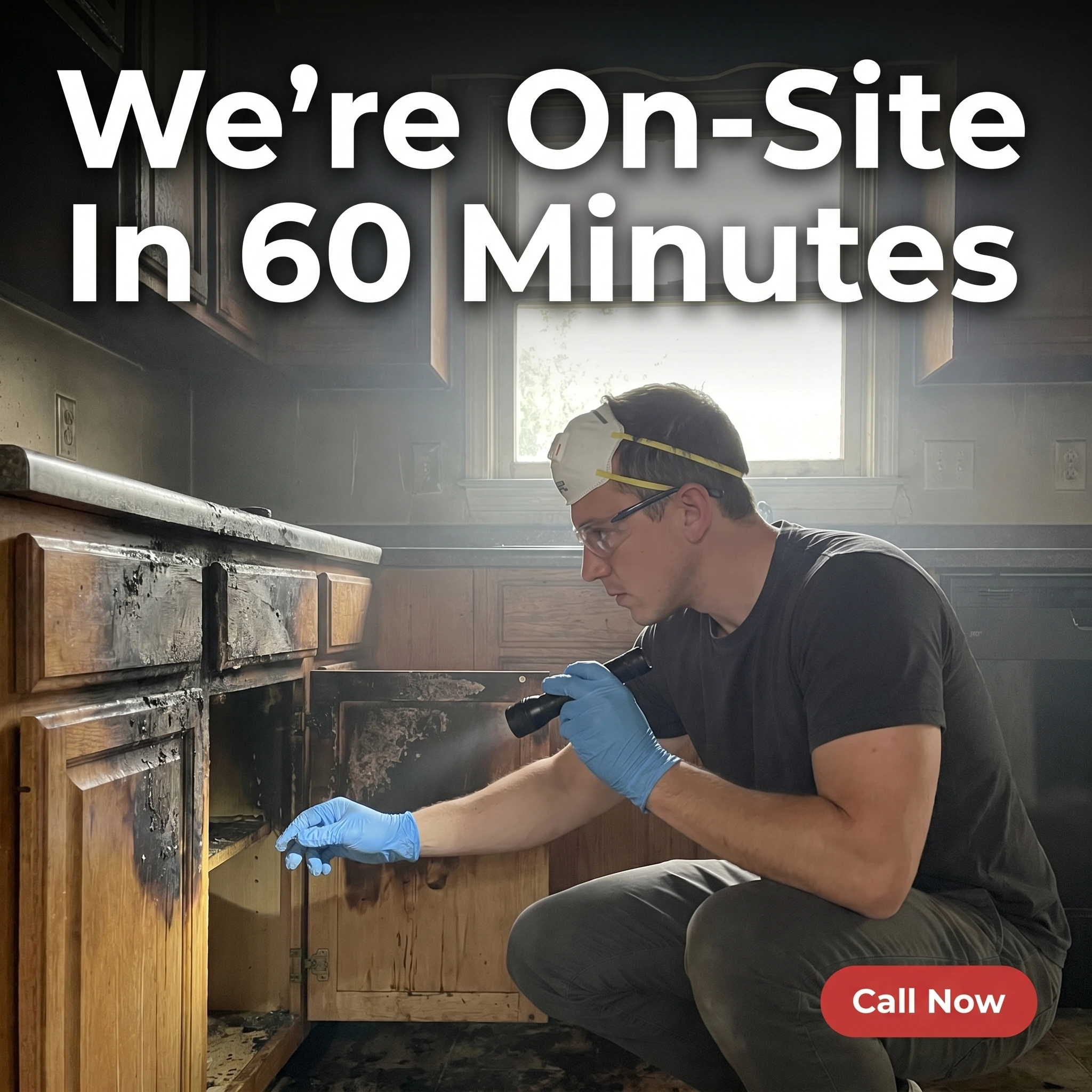UGC-style fire damage restoration ad example: a technician in protective gear inspecting a smoke-stained kitchen with headline 'We're On-Site In 60 Minutes'