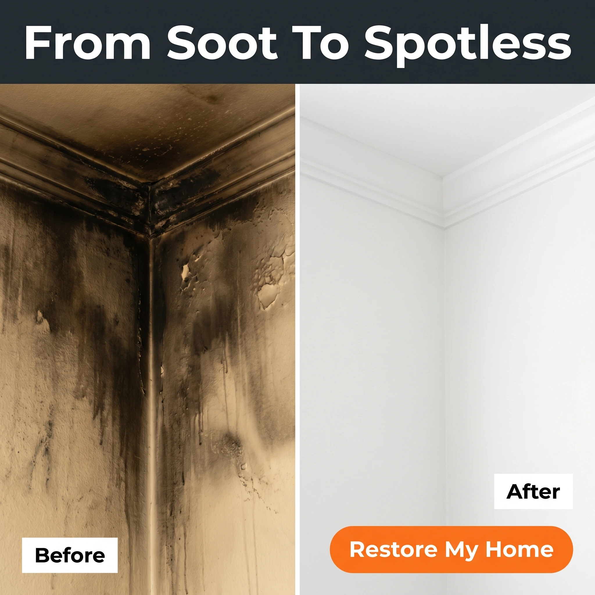 Before-and-after fire damage restoration ad example: split frame of a smoke-blackened wall and the same wall restored, with headline 'From Soot To Spotless'