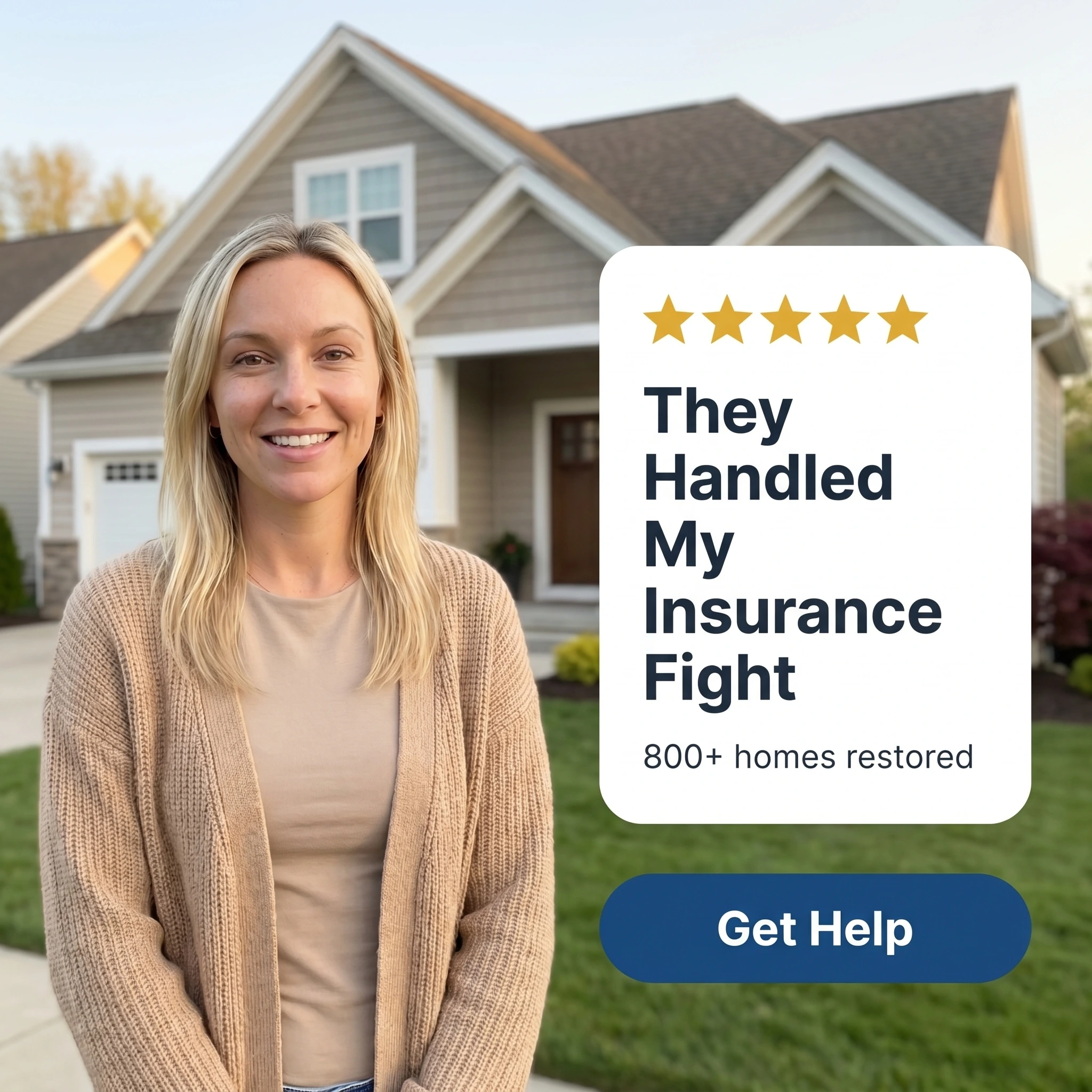 Fire damage restoration testimonial ad example: a relieved homeowner outside her house beside a five-star quote card reading 'They Handled My Insurance Fight'