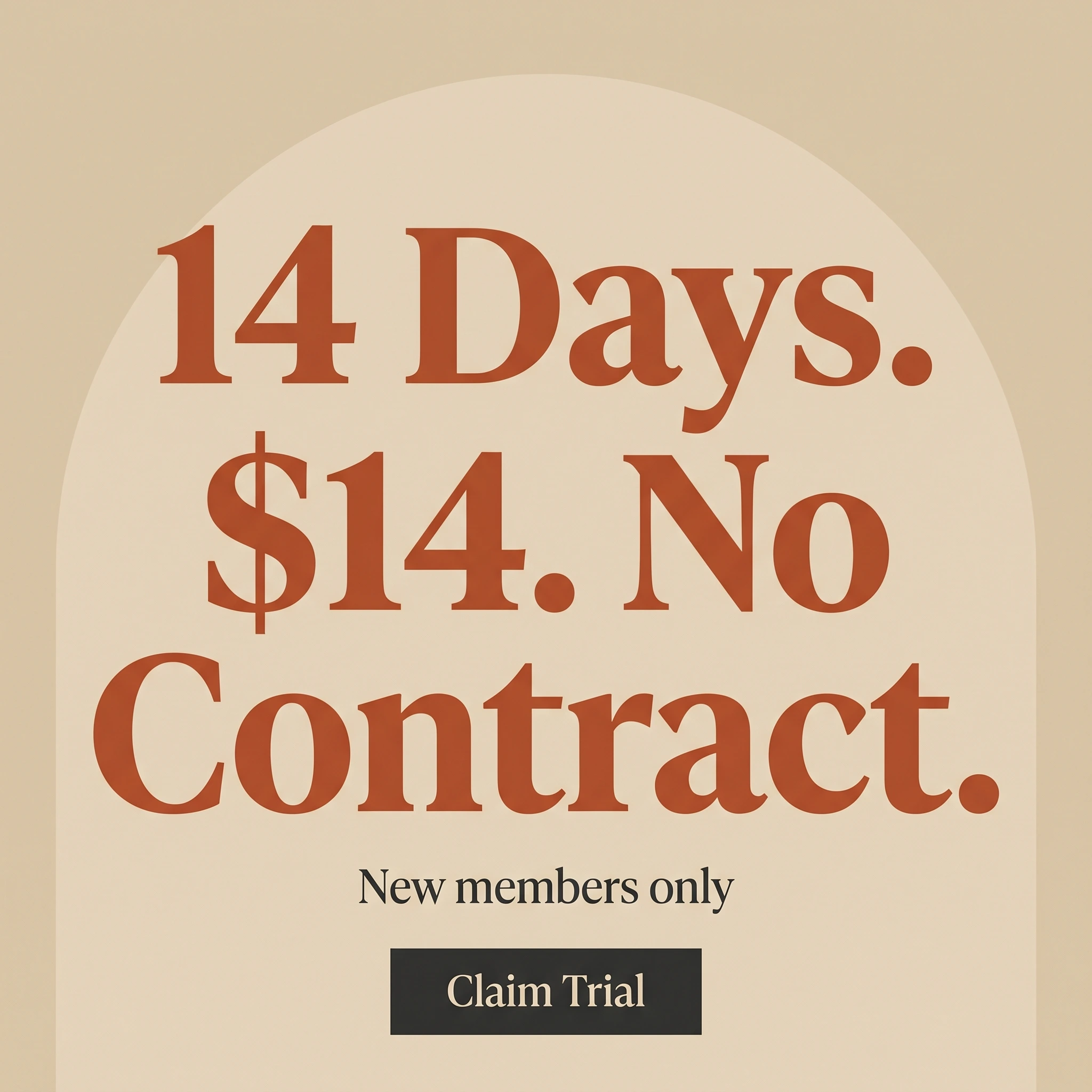Fitness offer ad example: typography-led promo reading '14 Days. $14. No Contract.' for a Pilates studio trial