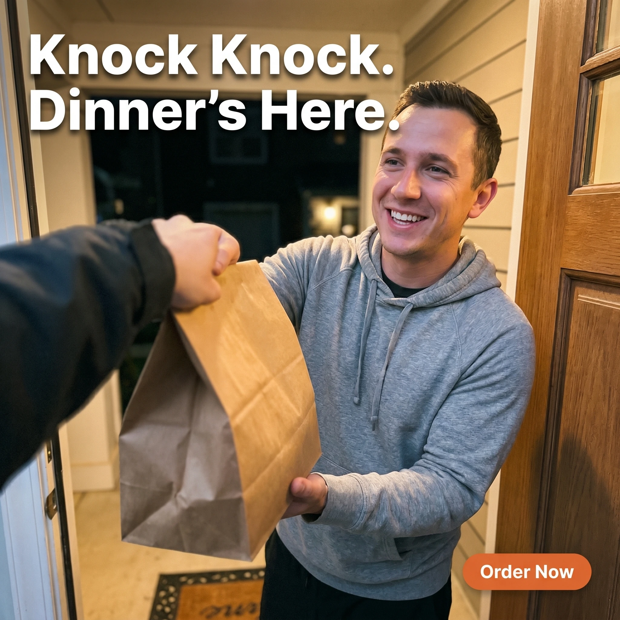 UGC-style food delivery ad example: customer taking a takeout bag at his door with headline 'Knock Knock. Dinner's Here.'