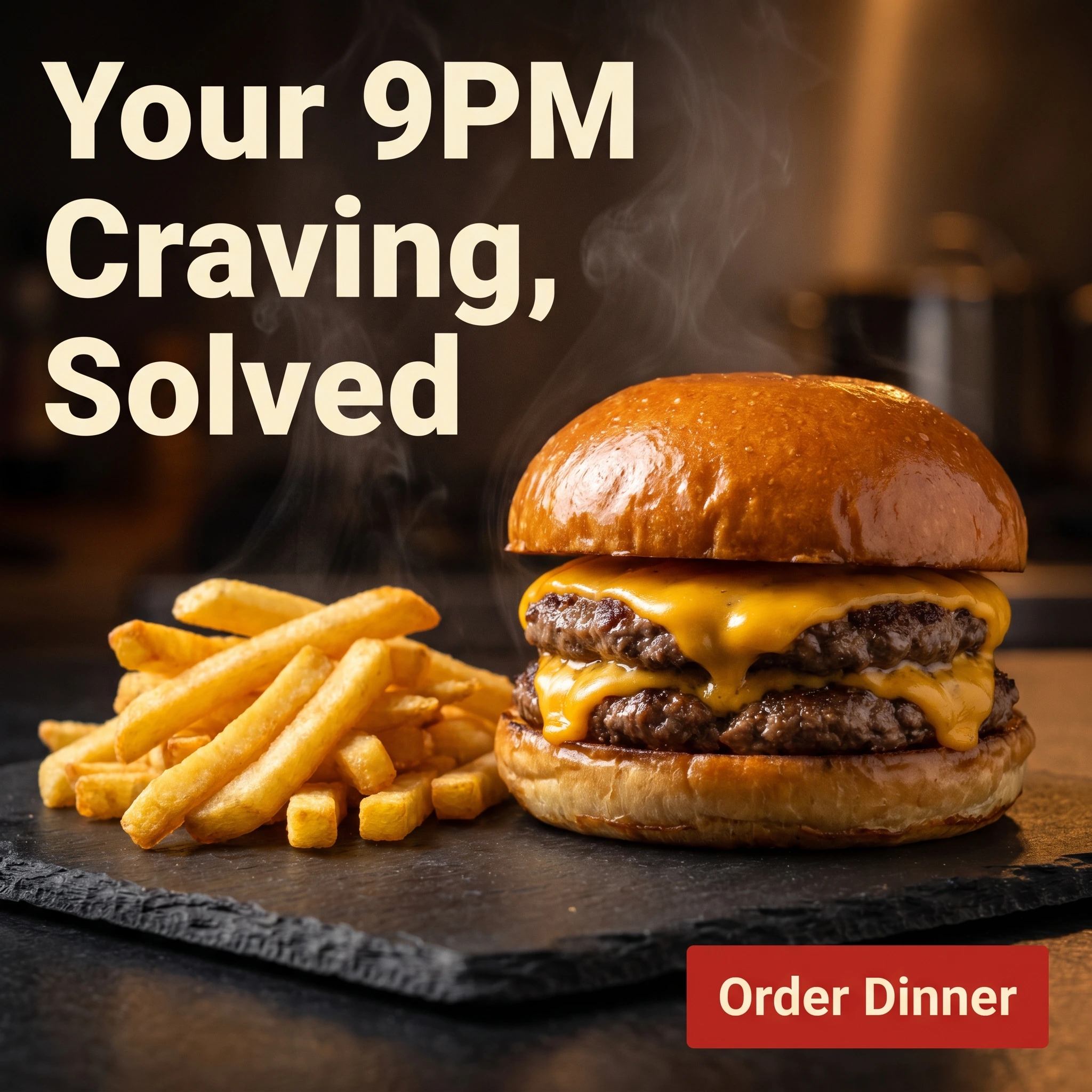 Food delivery hero ad example: close-up of a cheeseburger and fries with headline 'Your 9PM Craving, Solved'